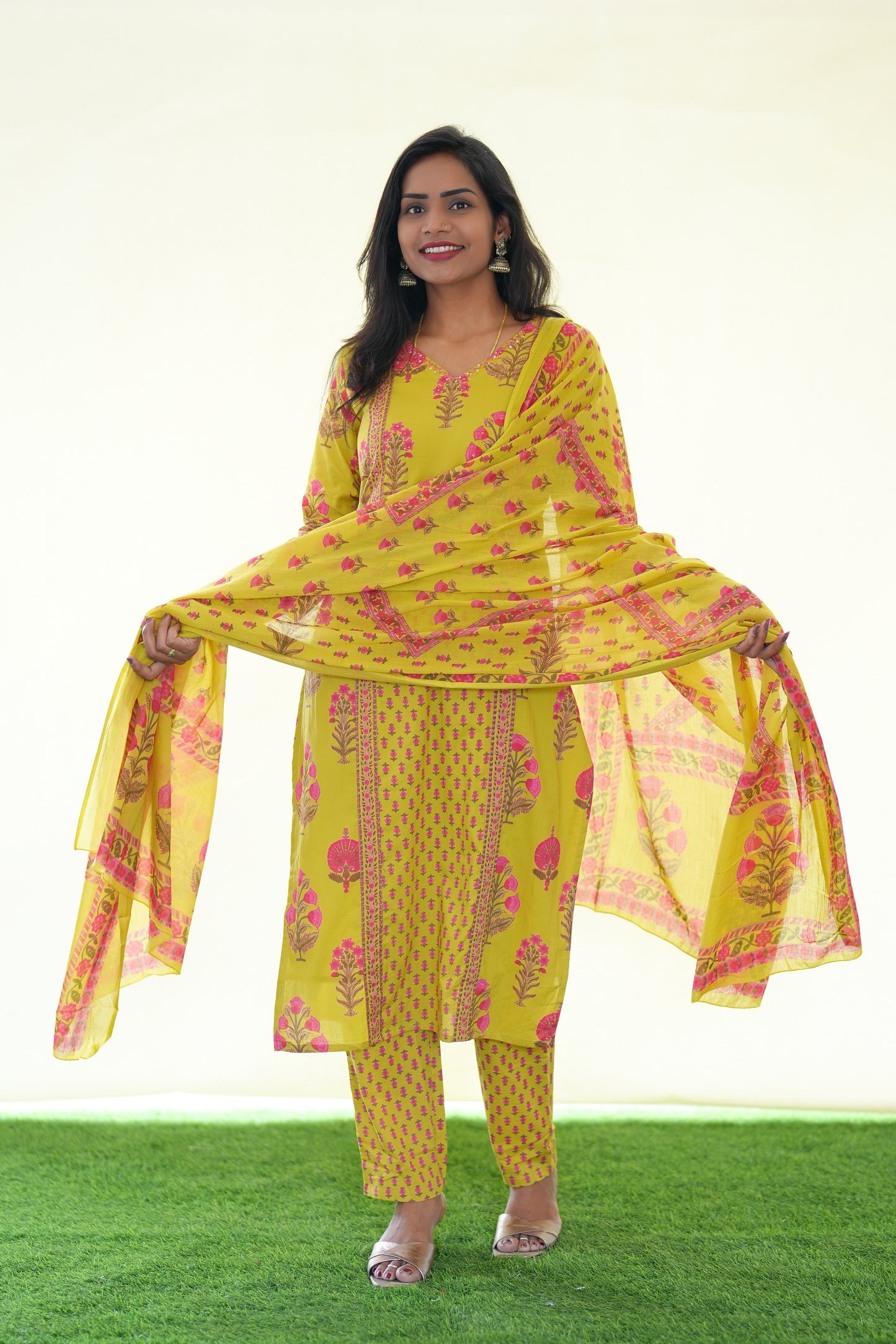 Yellow Color Jaipur Cotton 3 Piece Set With Block Print and Complte Lining