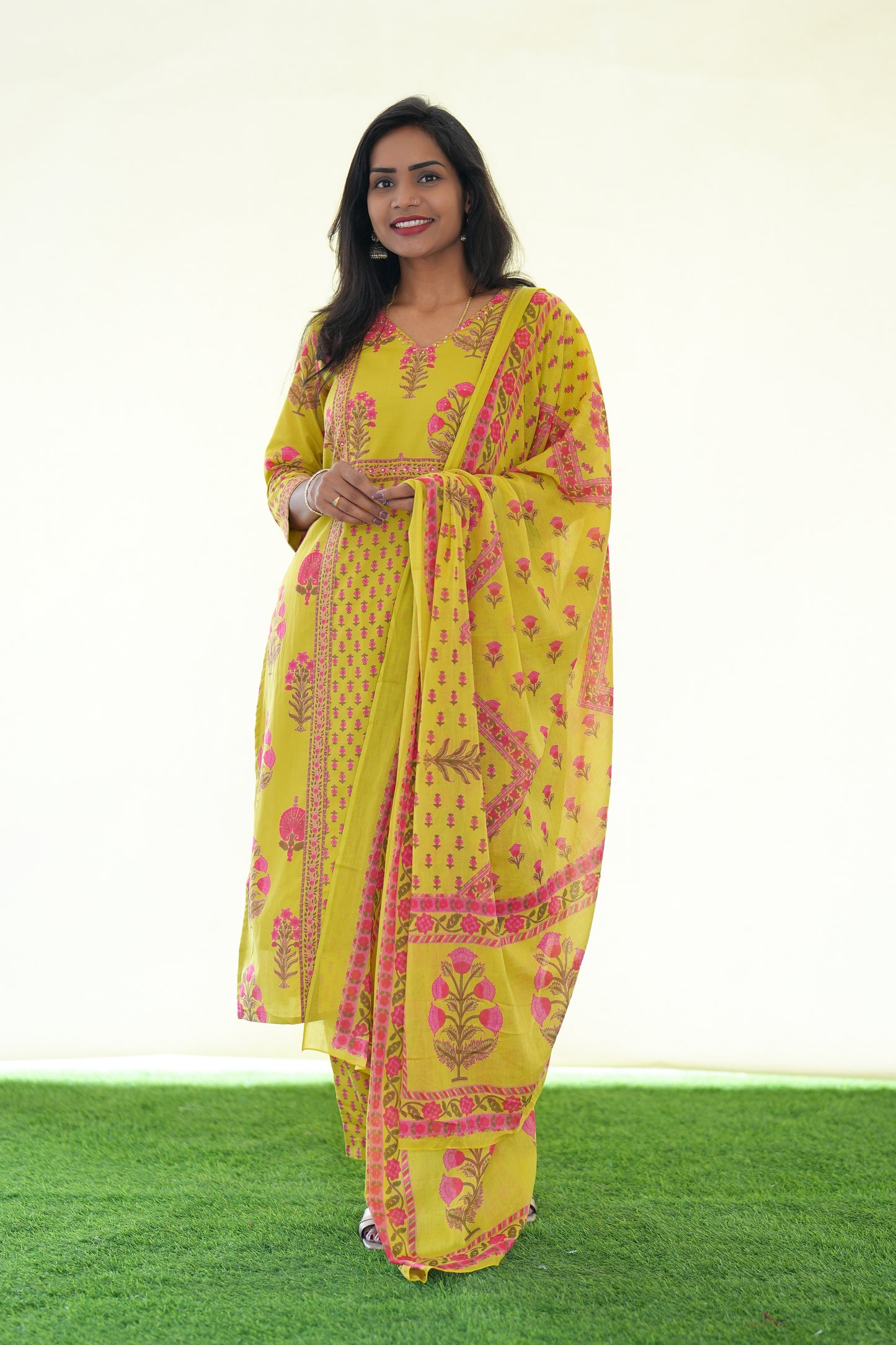 Yellow Color Jaipur Cotton 3 Piece Set With Block Print and Complte Lining