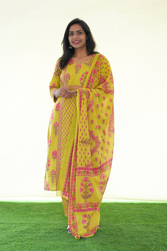 Yellow Color Jaipur Cotton 3 Piece Set With Block Print and Complte Lining