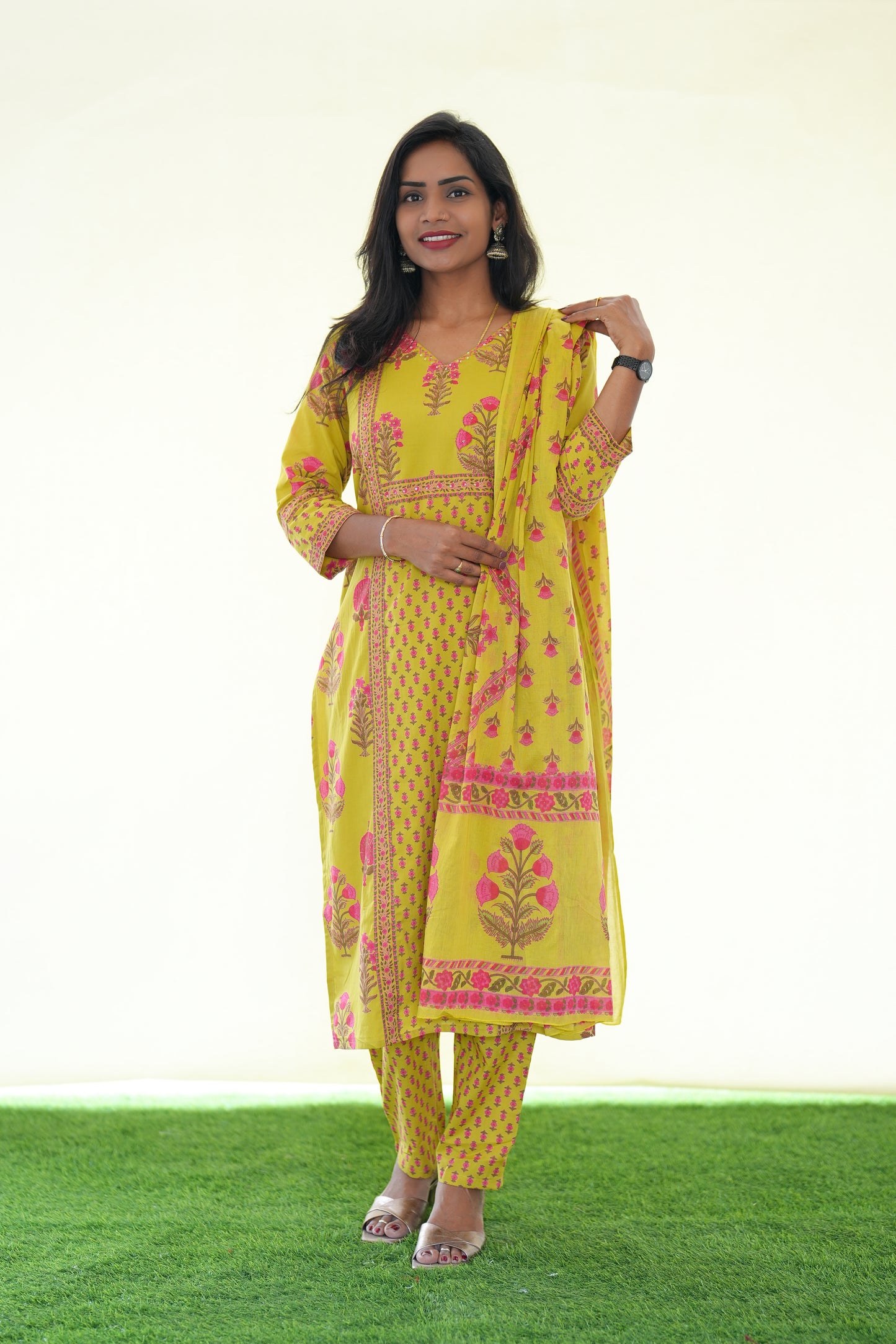 Yellow Color Jaipur Cotton 3 Piece Set With Block Print and Complte Lining