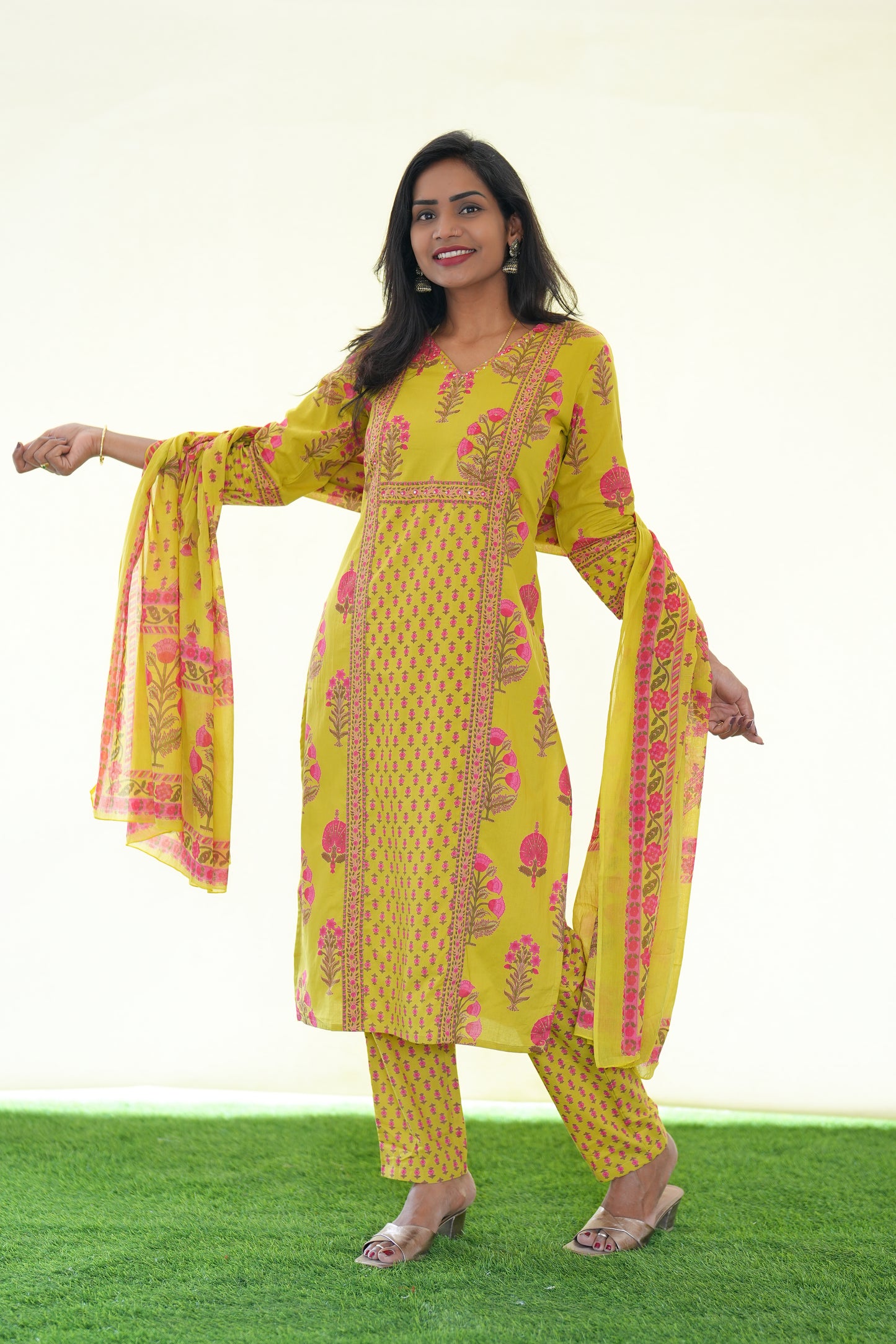 Yellow Color Jaipur Cotton 3 Piece Set With Block Print and Complte Lining