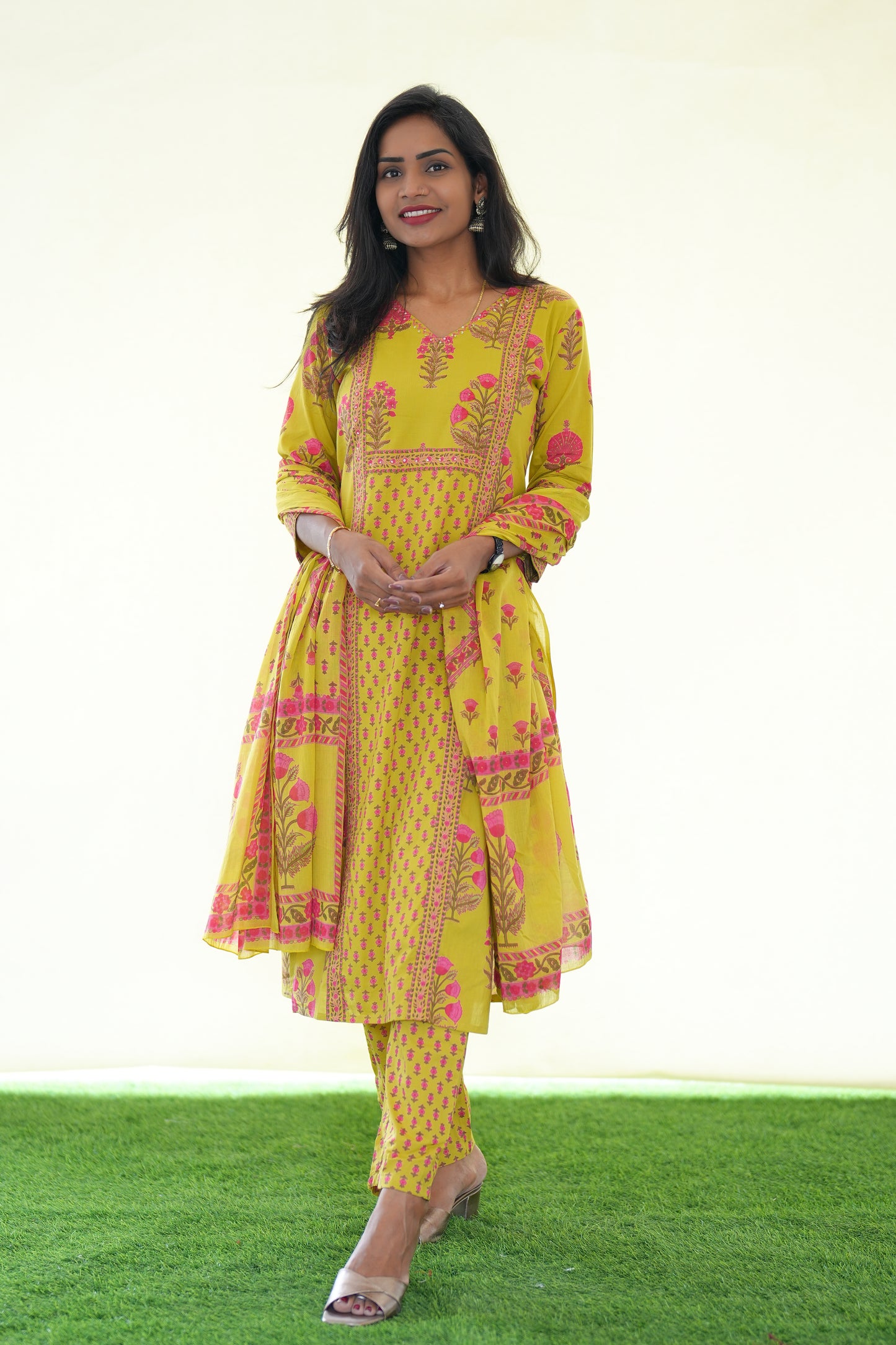 Yellow Color Jaipur Cotton 3 Piece Set With Block Print and Complte Lining