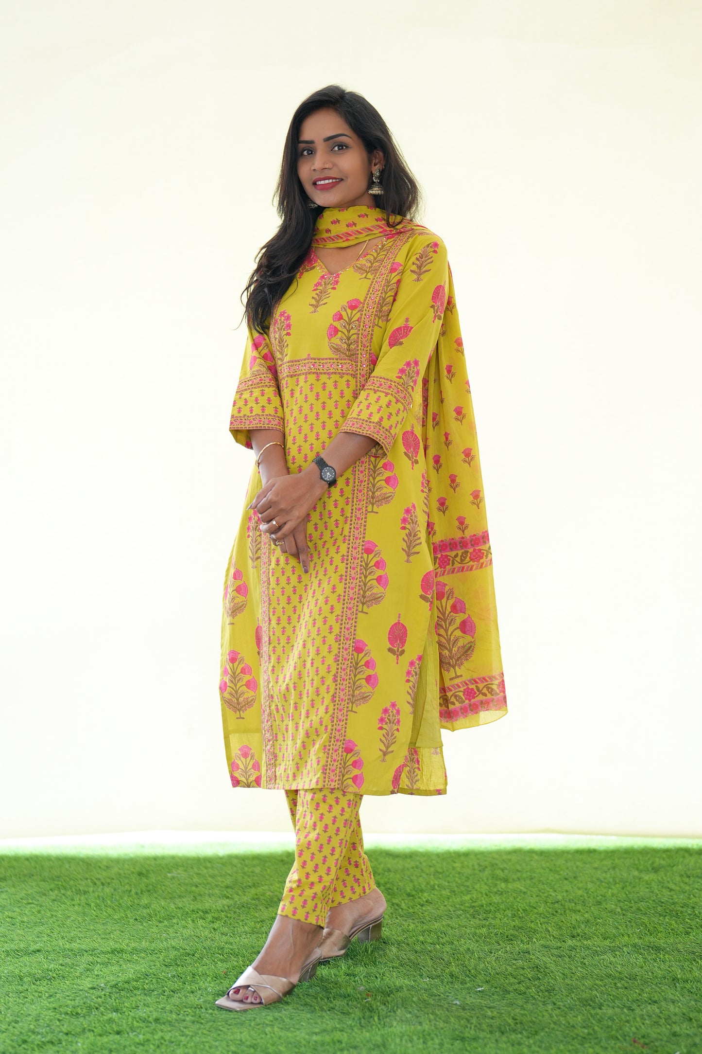 Yellow Color Jaipur Cotton 3 Piece Set With Block Print and Complte Lining