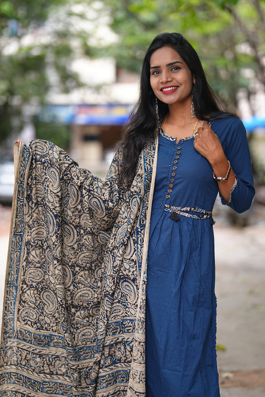 Designer Wear Blue Color Cotton 3 Piece Set With Kalamkari Duppata