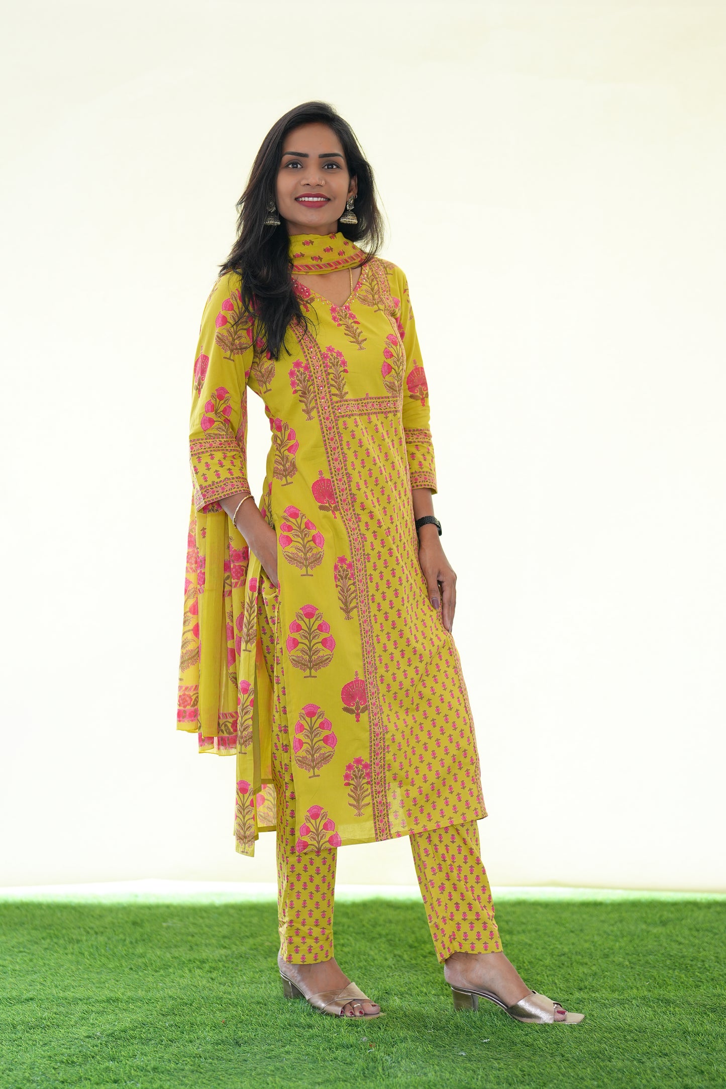 Yellow Color Jaipur Cotton 3 Piece Set With Block Print and Complte Lining