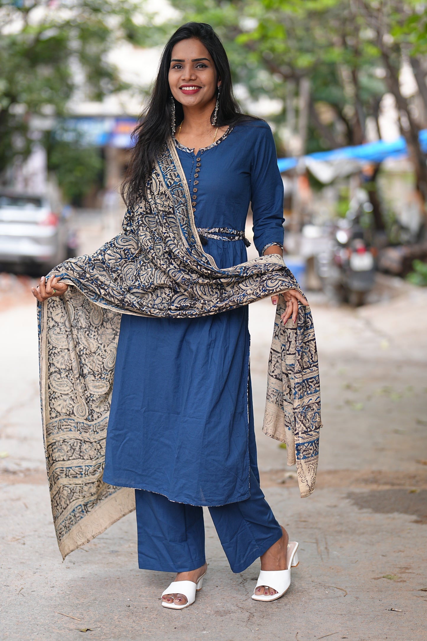 Designer Wear Blue Color Cotton 3 Piece Set With Kalamkari Duppata
