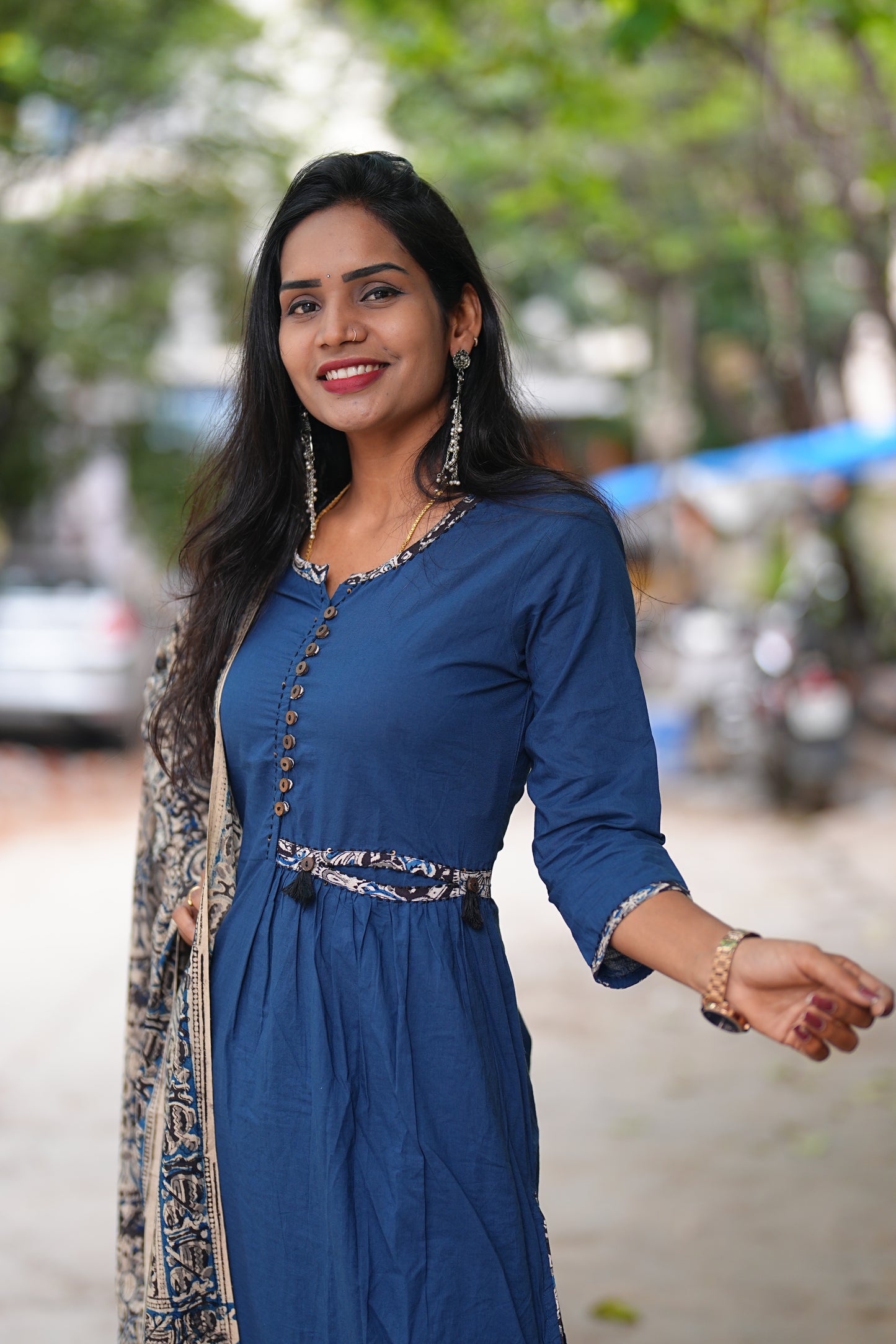 Designer Wear Blue Color Cotton 3 Piece Set With Kalamkari Duppata