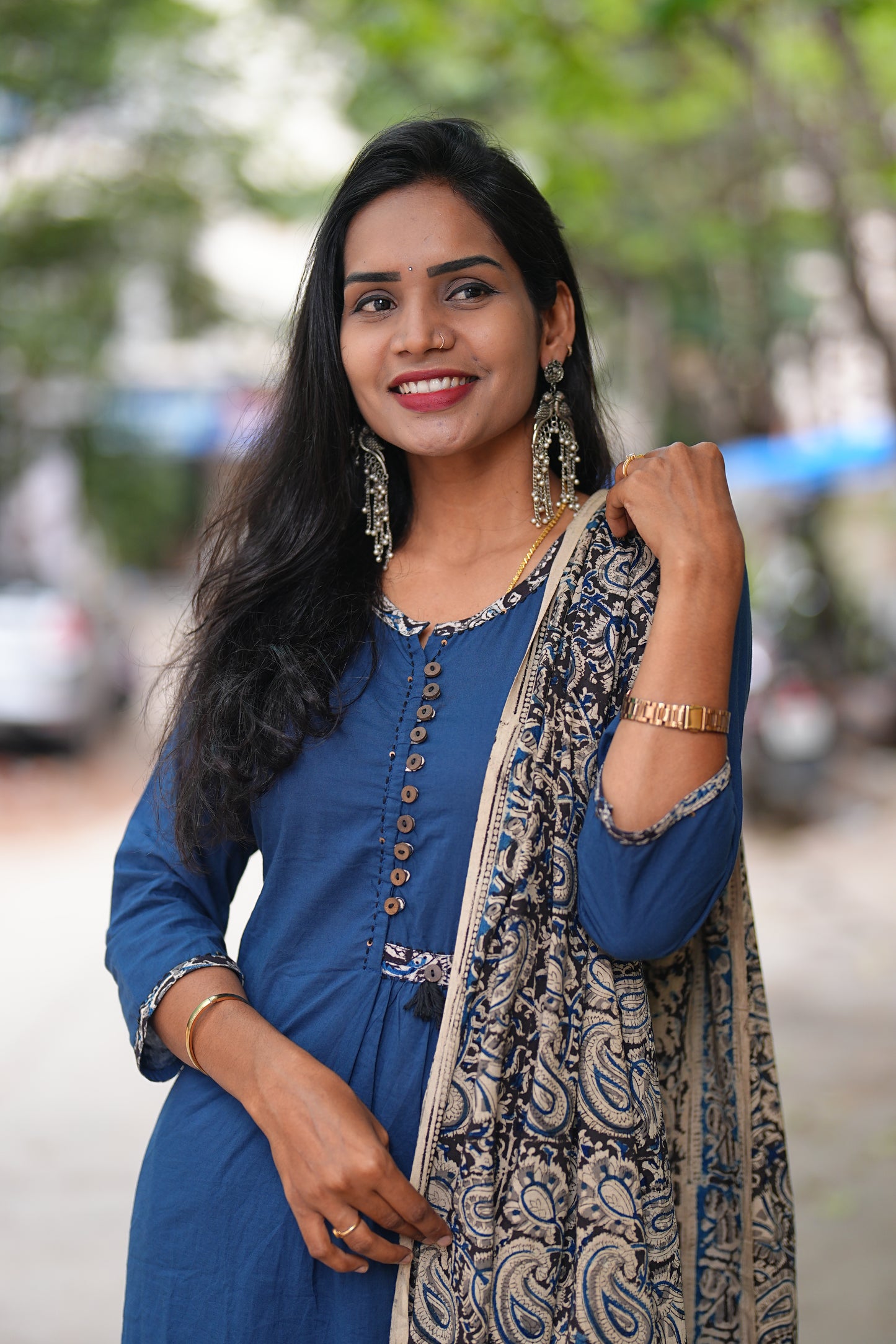 Designer Wear Blue Color Cotton 3 Piece Set With Kalamkari Duppata