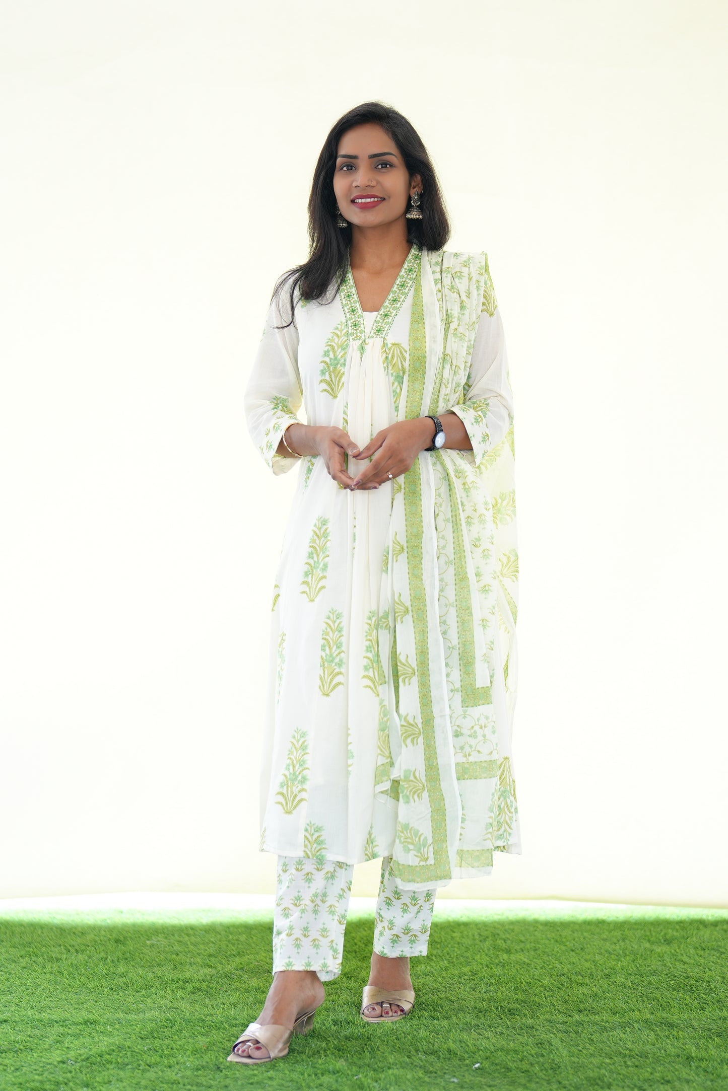 White Color Mul Cotton 3 Piece Set With Green color Block Print and Complete Lining