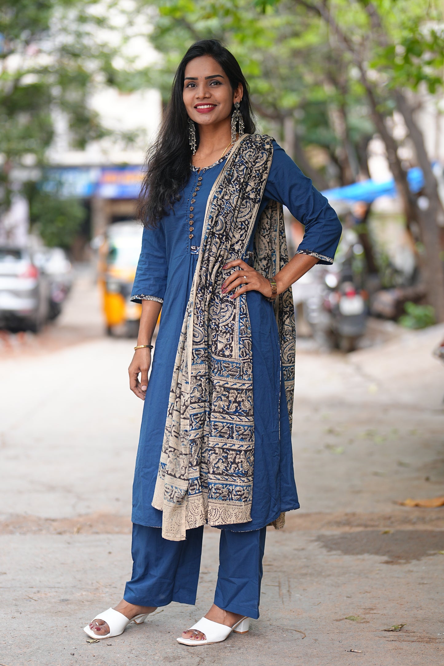 Designer Wear Blue Color Cotton 3 Piece Set With Kalamkari Duppata