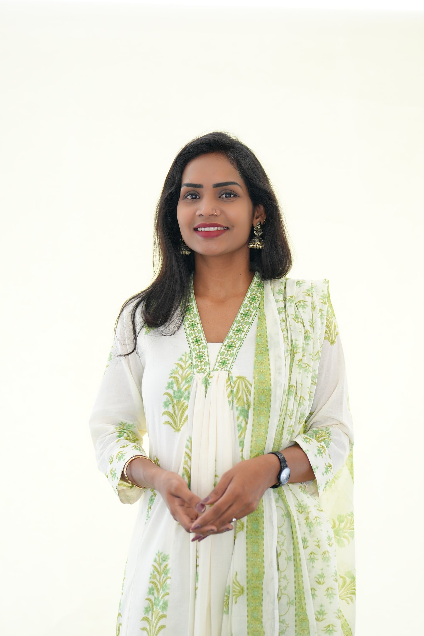 White Color Mul Cotton 3 Piece Set With Green color Block Print and Complete Lining