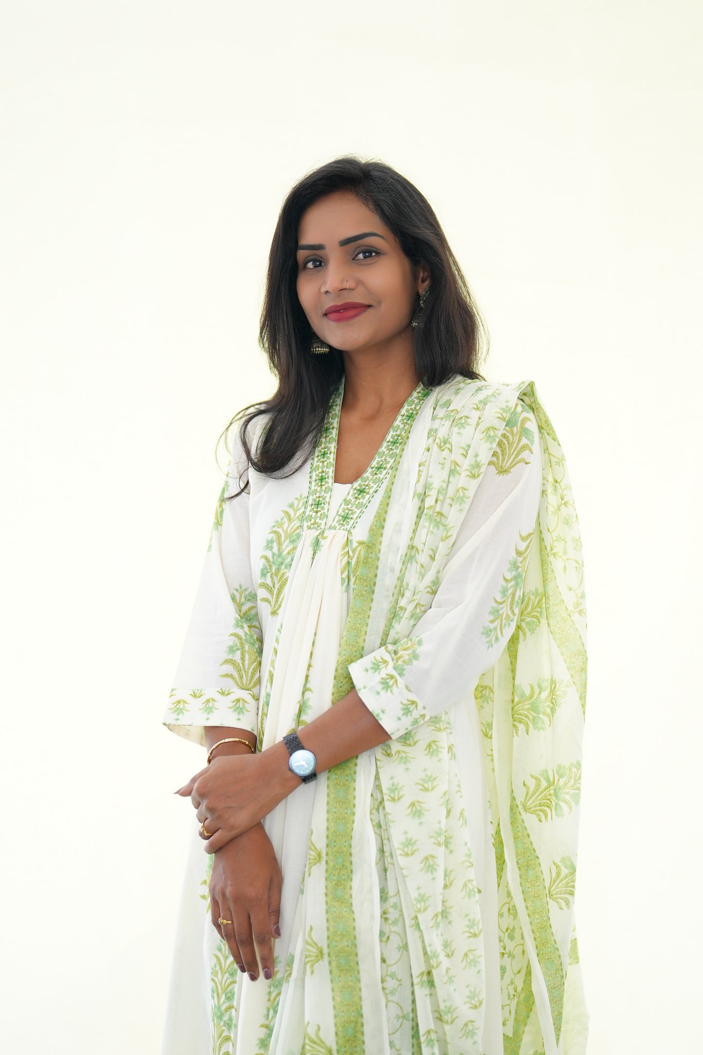 White Color Mul Cotton 3 Piece Set With Green color Block Print and Complete Lining