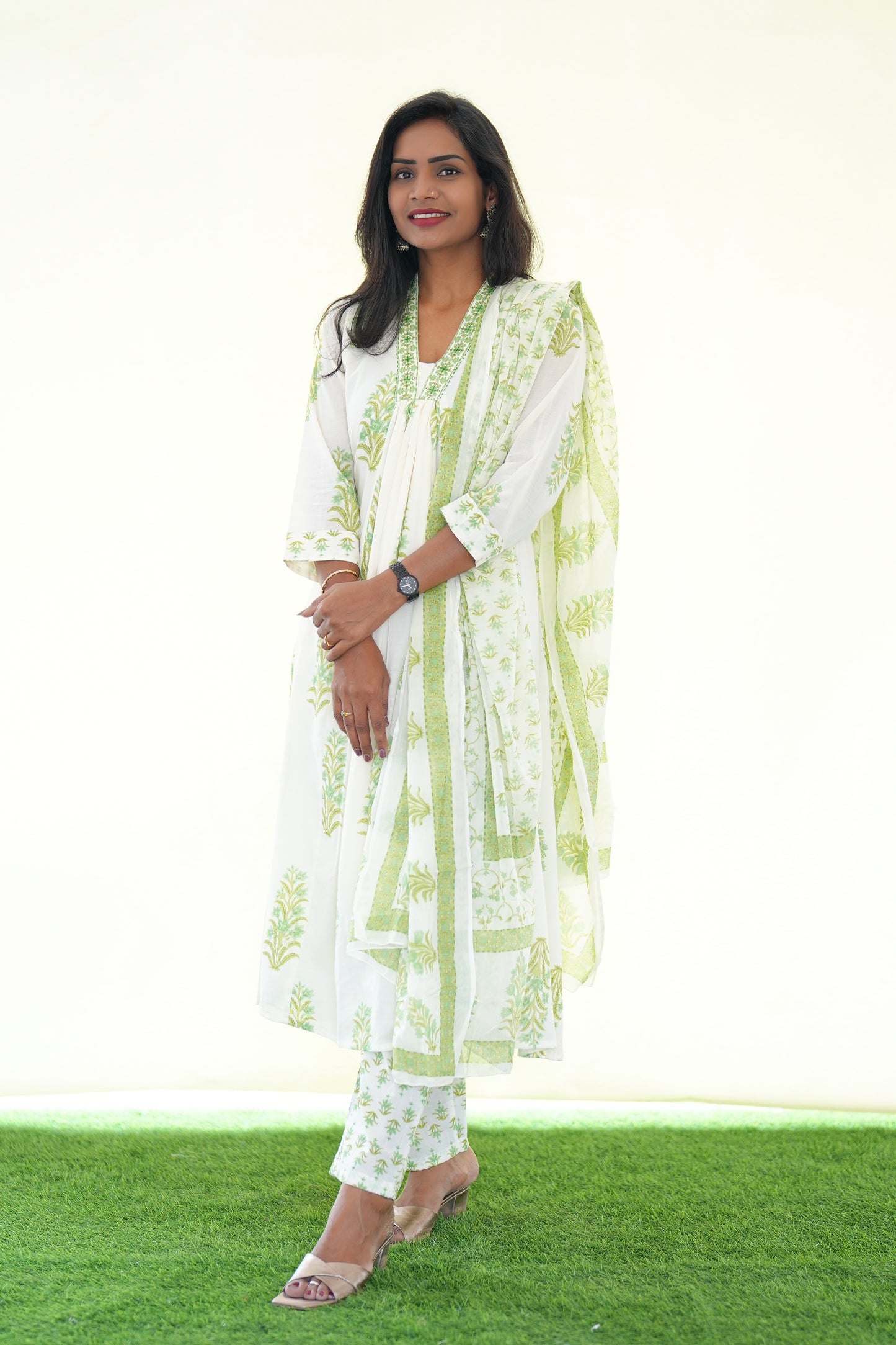 White Color Mul Cotton 3 Piece Set With Green color Block Print and Complete Lining