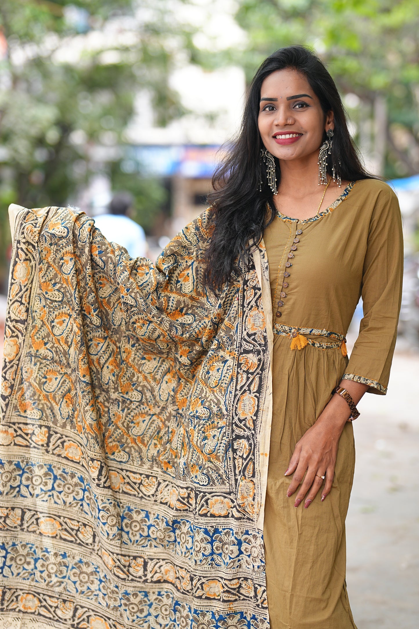 Designer Wear Beige Color Cotton 3 Piece Set With Kalamkari Duppata