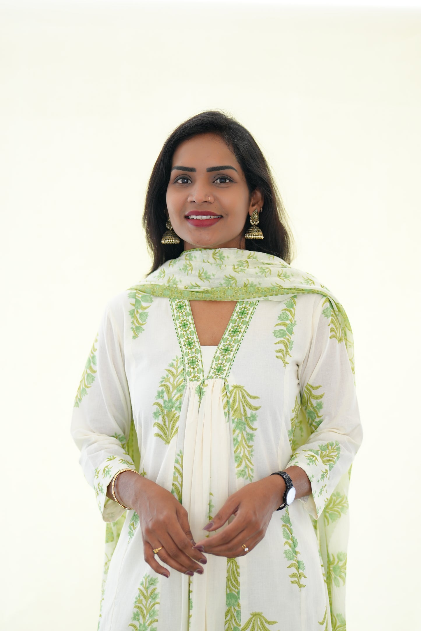 White Color Mul Cotton 3 Piece Set With Green color Block Print and Complete Lining