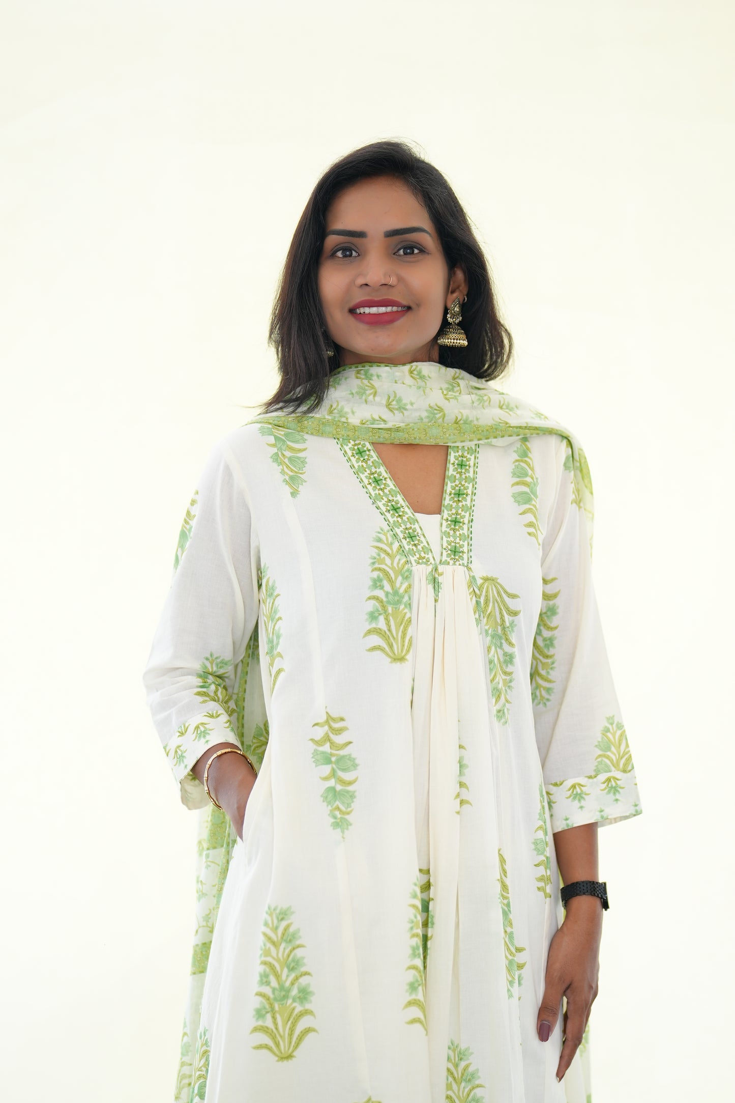 White Color Mul Cotton 3 Piece Set With Green color Block Print and Complete Lining