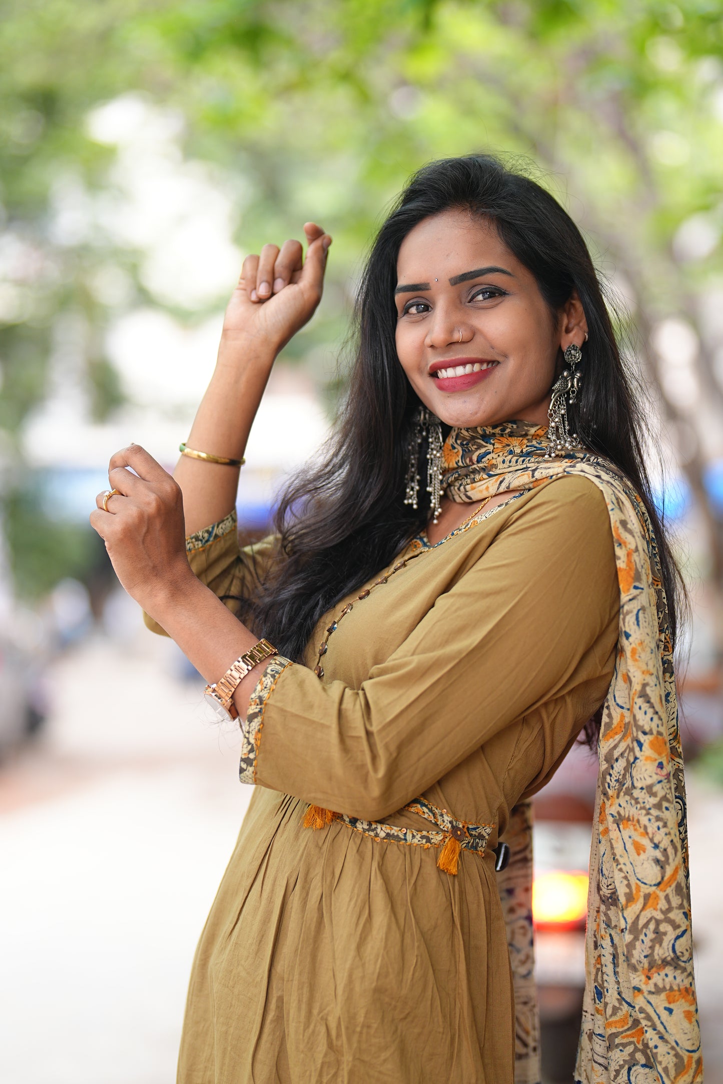 Designer Wear Beige Color Cotton 3 Piece Set With Kalamkari Duppata