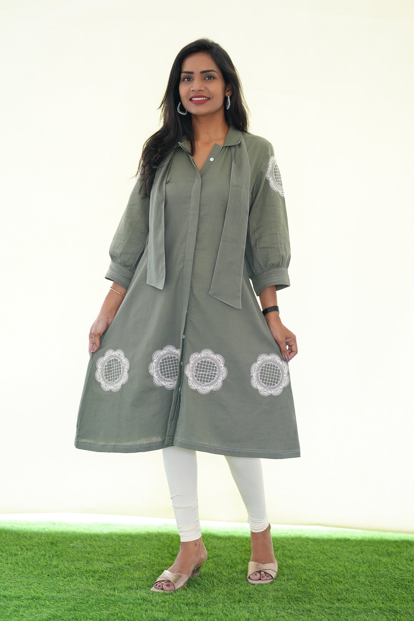 Olive Green Jaipur Cotton Stylish Frock With Embroidery Work and Neck Band