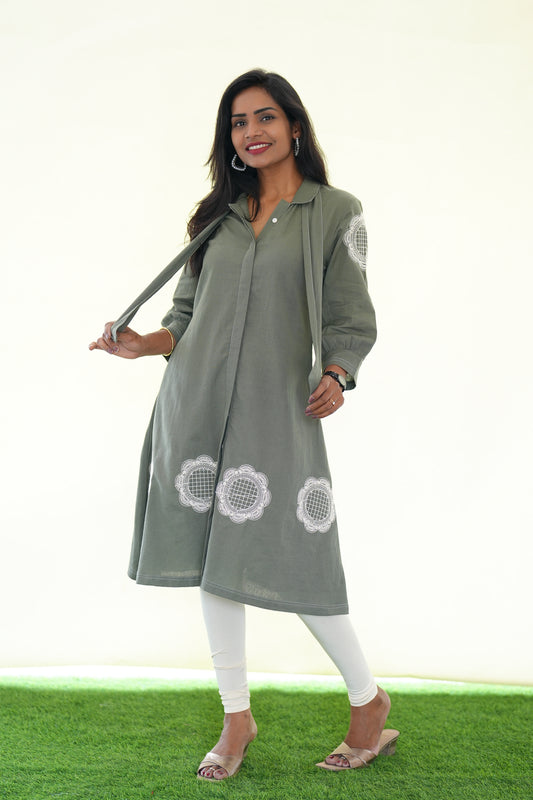 Olive Green Jaipur Cotton Stylish Frock With Embroidery Work and Neck Band