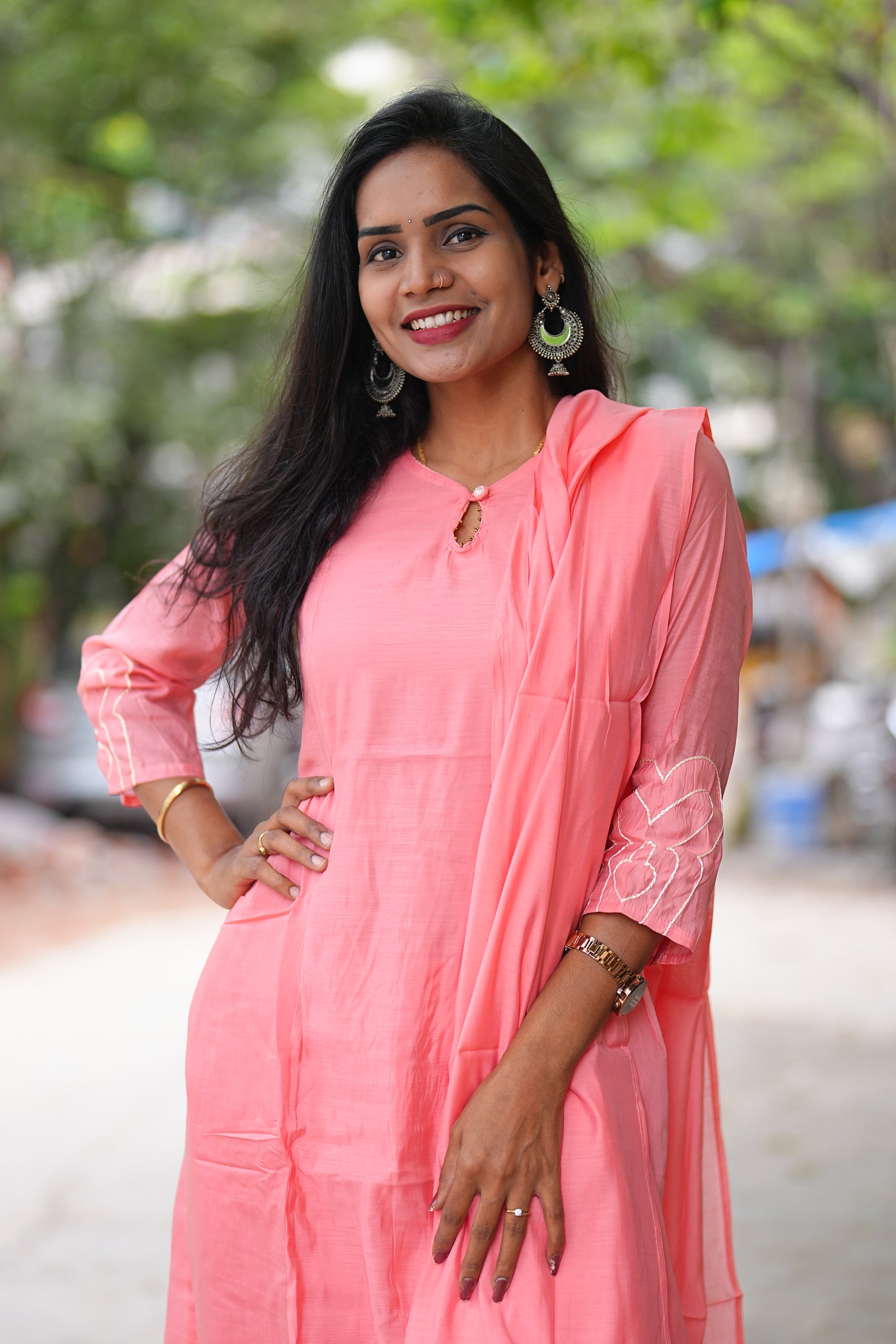Peach Shade Mul Chanderi 3 Piece Set With Complete Lining