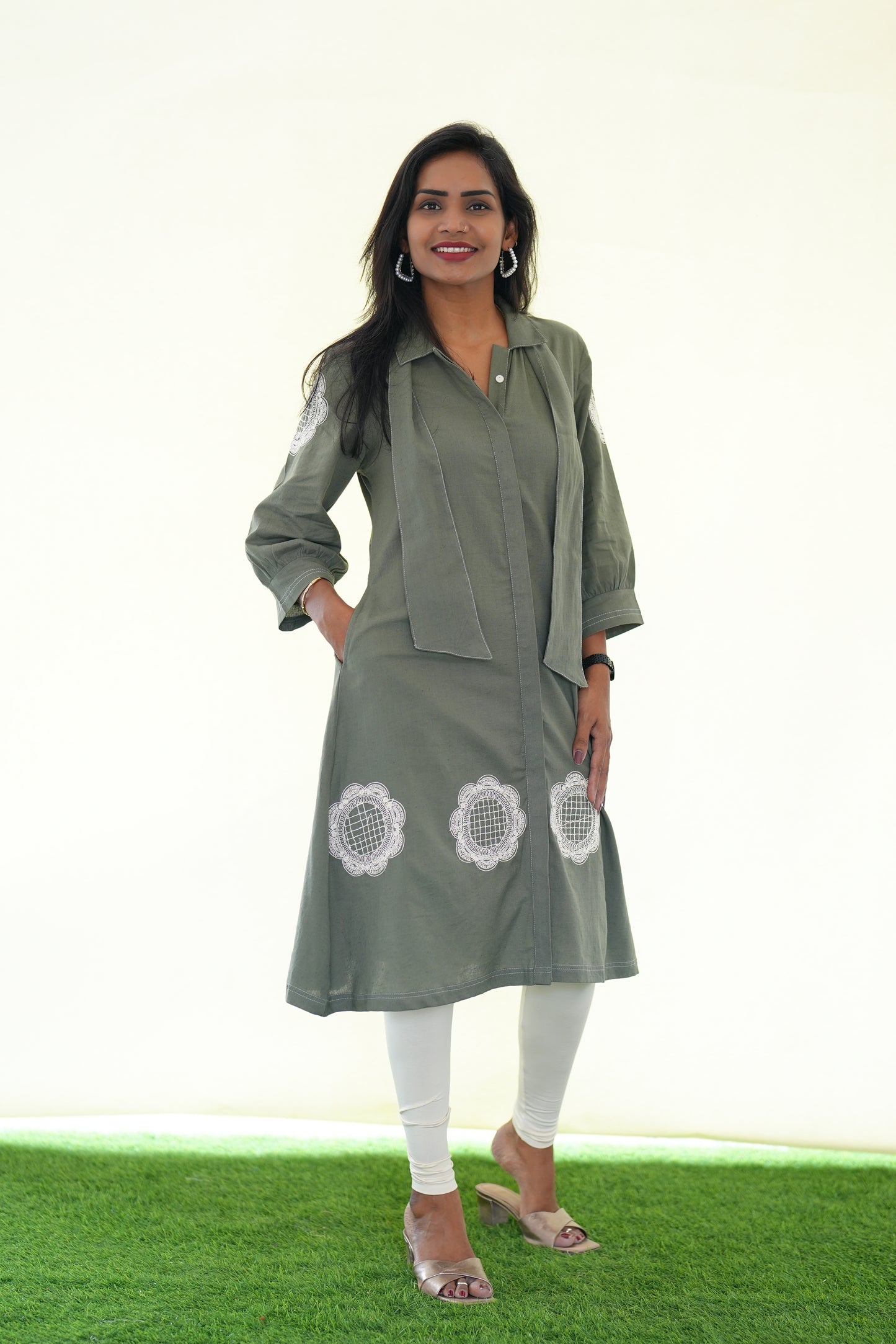Olive Green Jaipur Cotton Stylish Frock With Embroidery Work and Neck Band