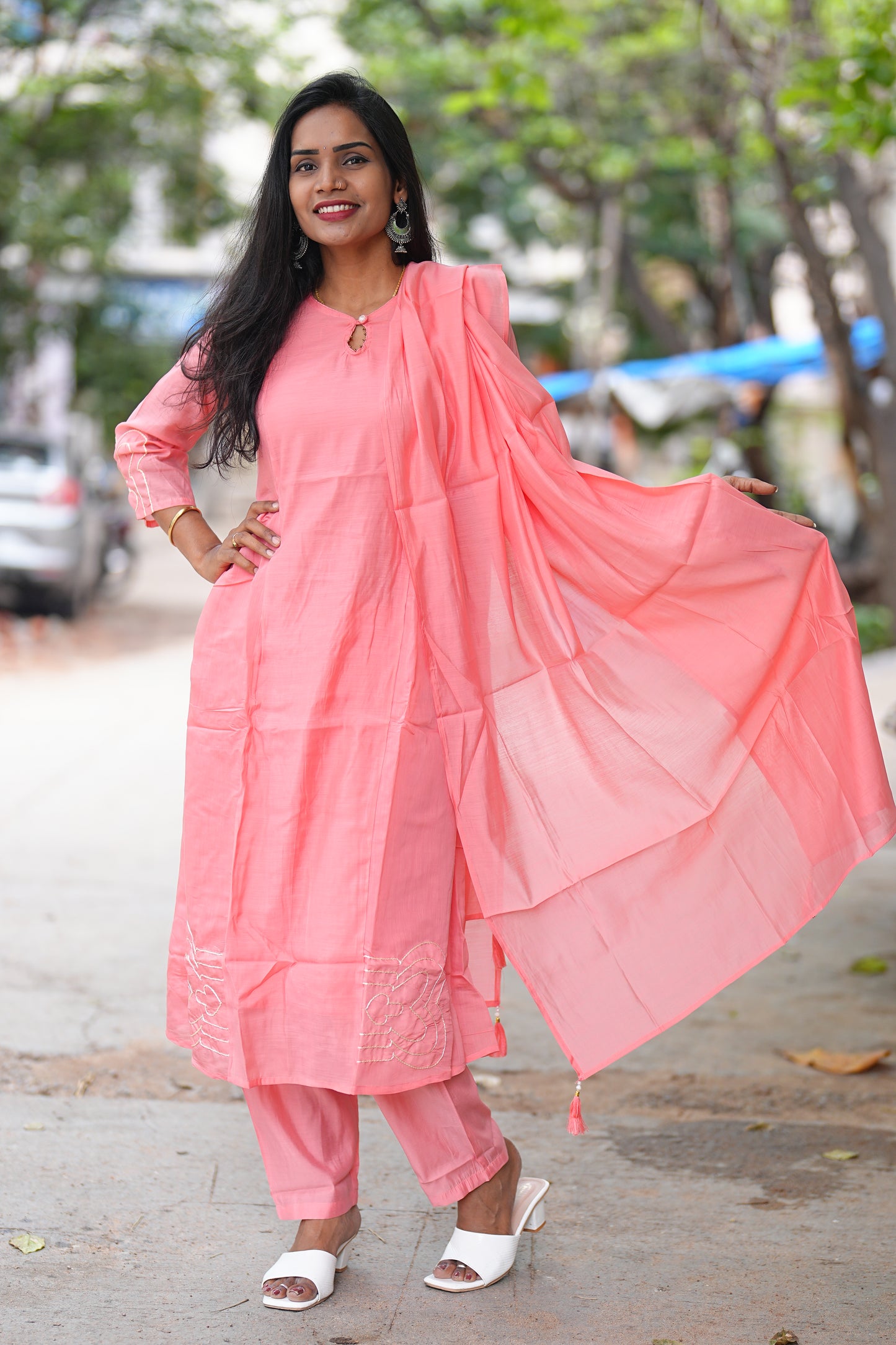 Peach Shade Mul Chanderi 3 Piece Set With Complete Lining