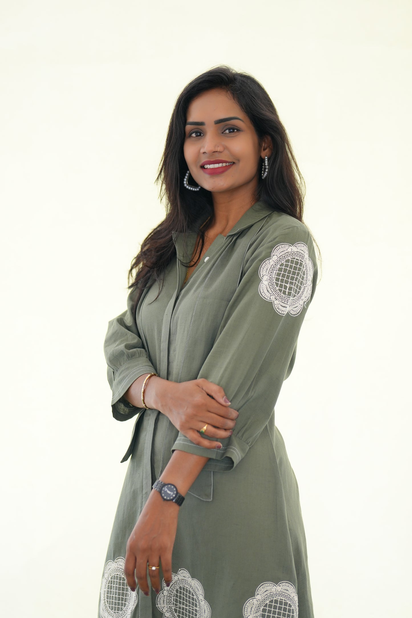 Olive Green Jaipur Cotton Stylish Frock With Embroidery Work and Neck Band