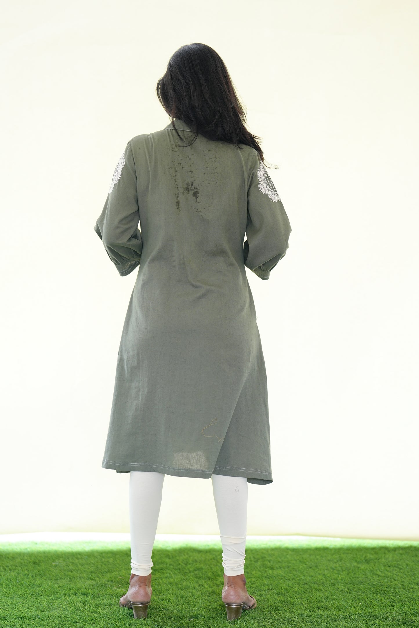 Olive Green Jaipur Cotton Stylish Frock With Embroidery Work and Neck Band