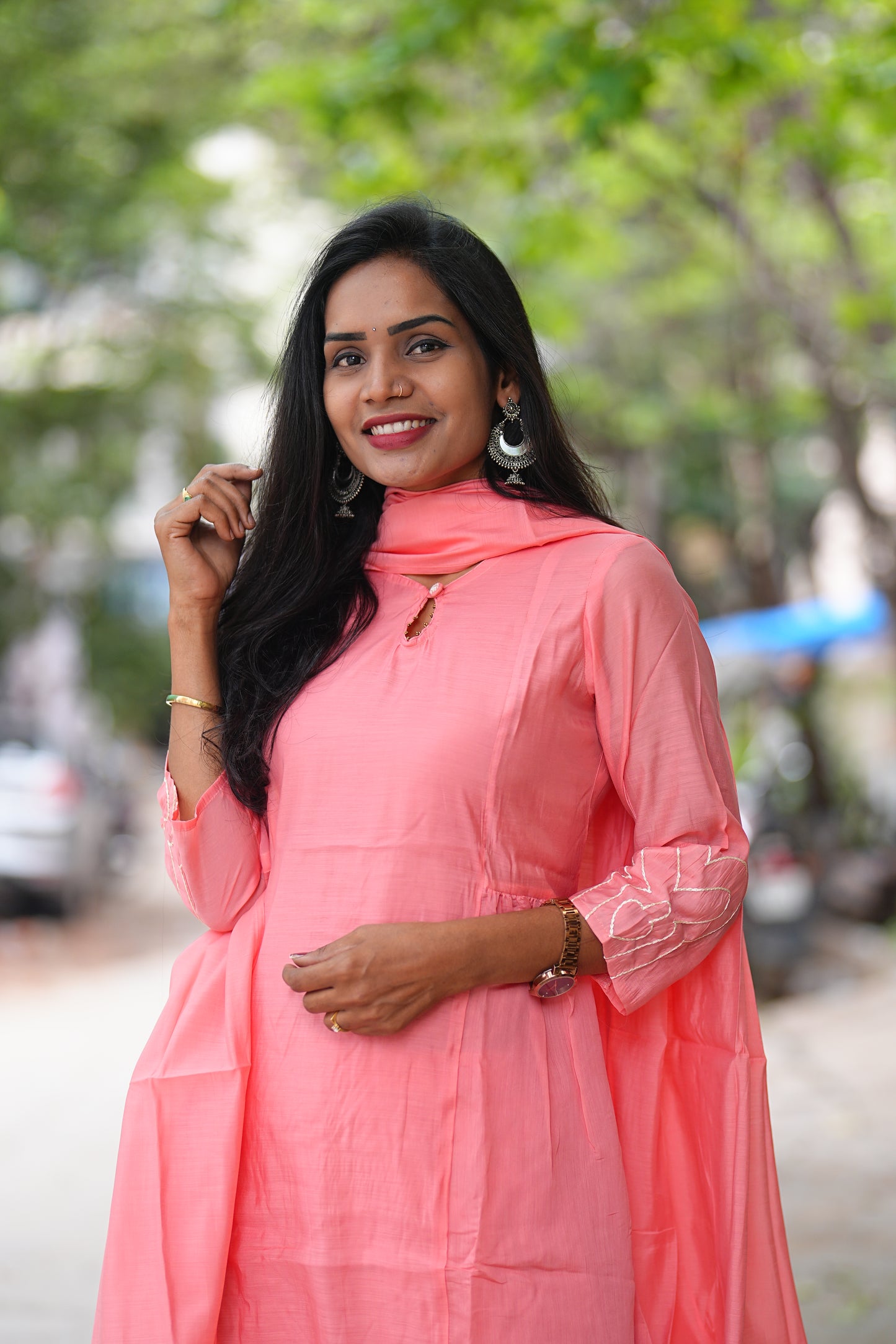 Peach Shade Mul Chanderi 3 Piece Set With Complete Lining