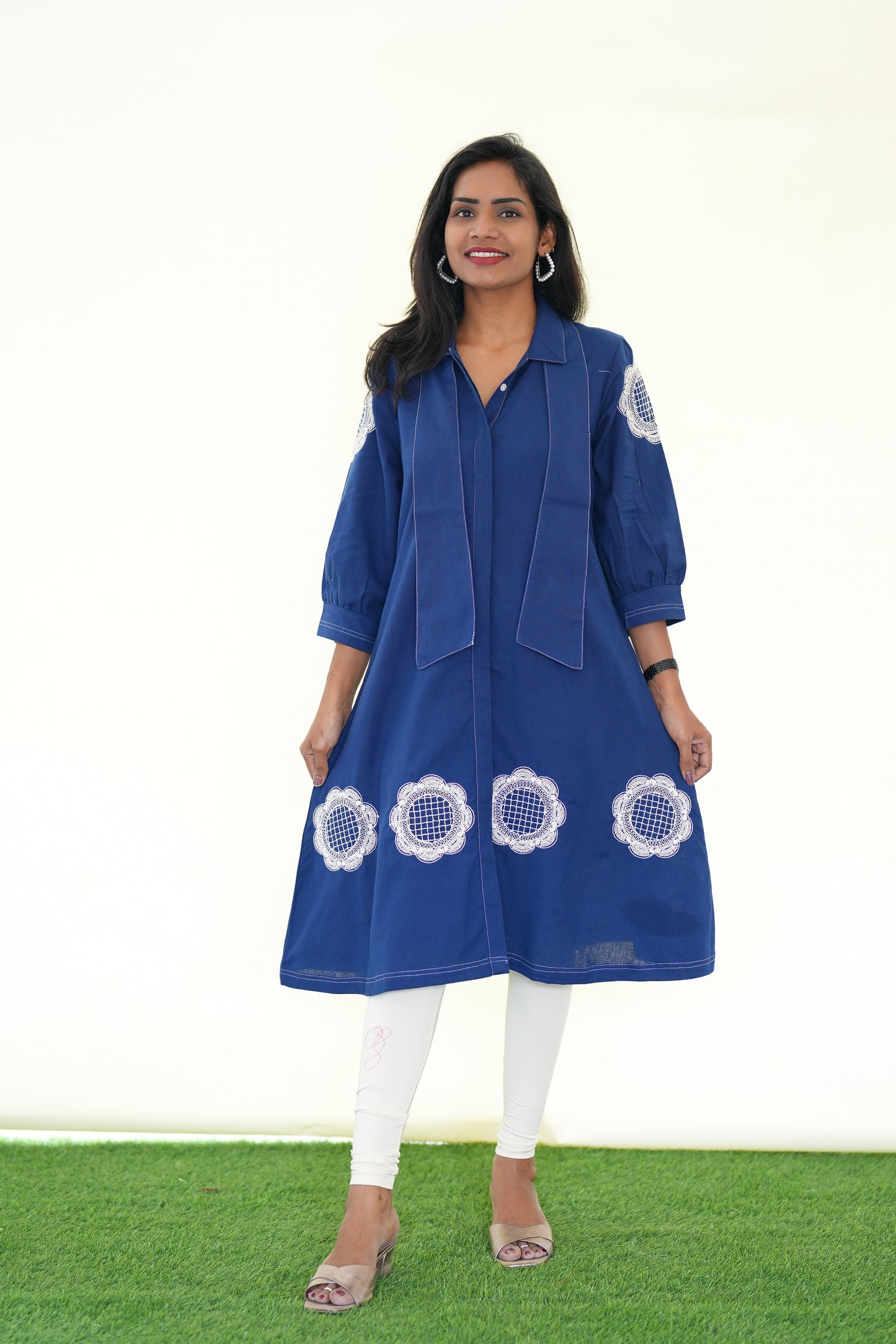 Blue  Color Jaipur Cotton Stylish Frock With Embroidery Work and Neck Band
