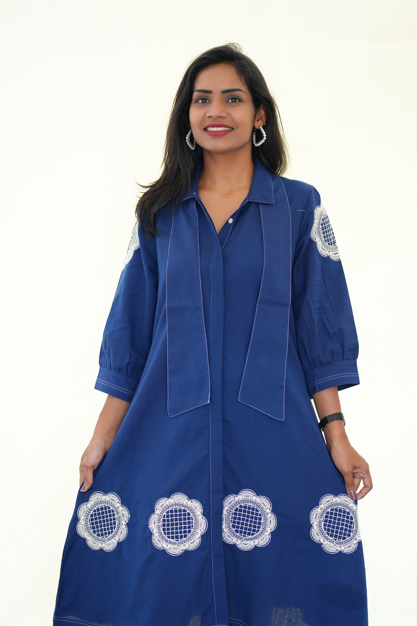 Blue  Color Jaipur Cotton Stylish Frock With Embroidery Work and Neck Band