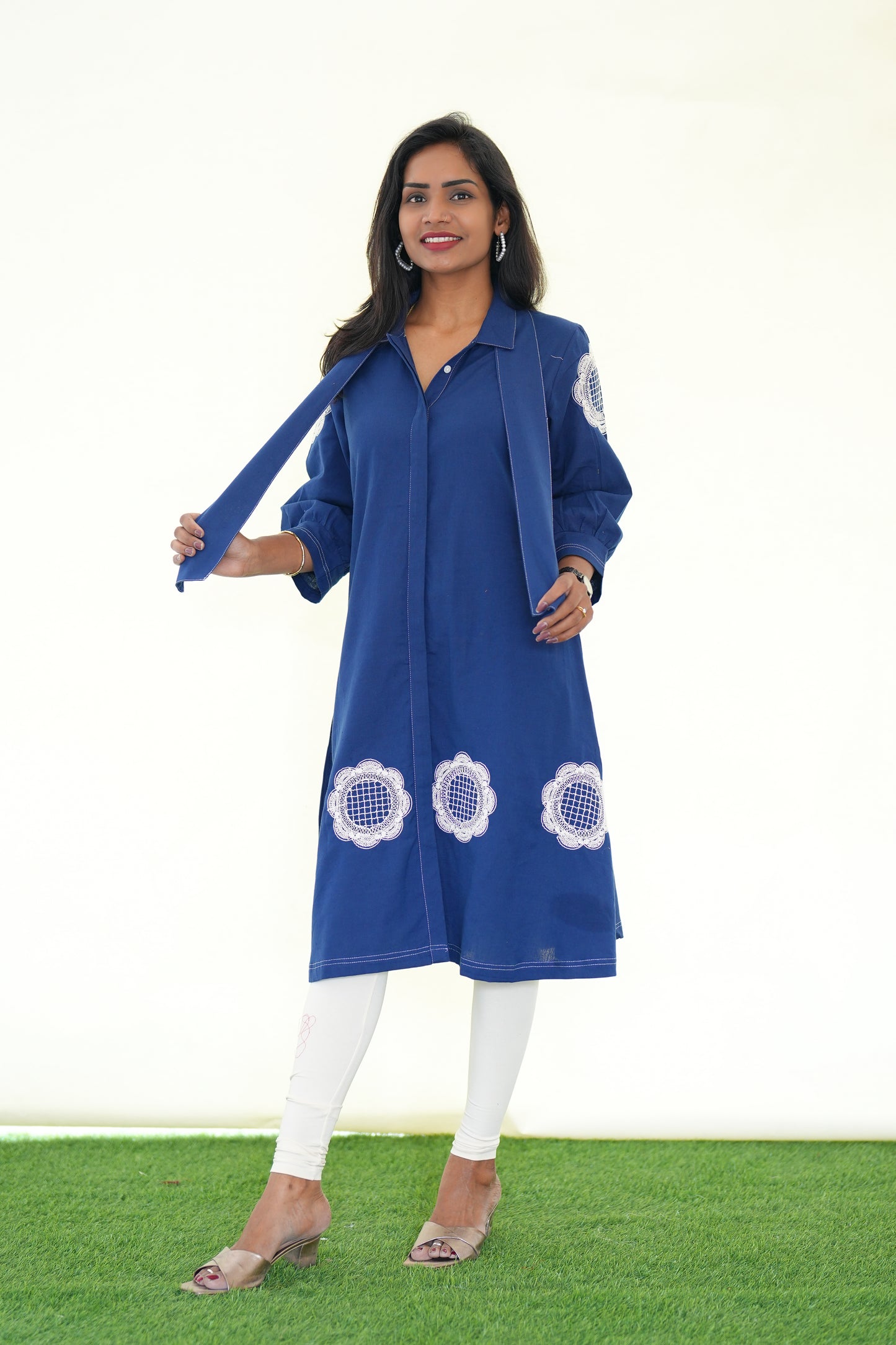 Blue  Color Jaipur Cotton Stylish Frock With Embroidery Work and Neck Band