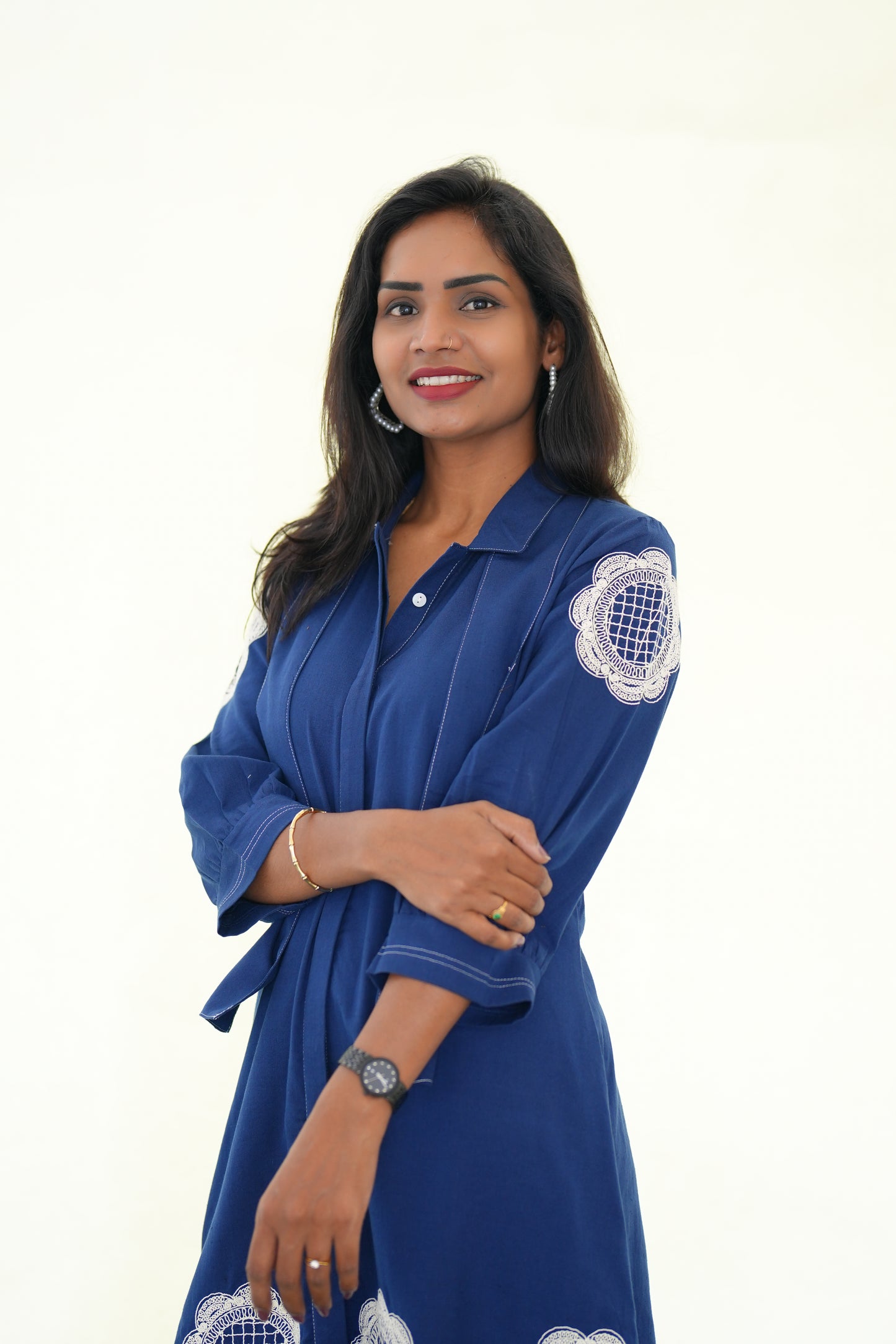Blue  Color Jaipur Cotton Stylish Frock With Embroidery Work and Neck Band