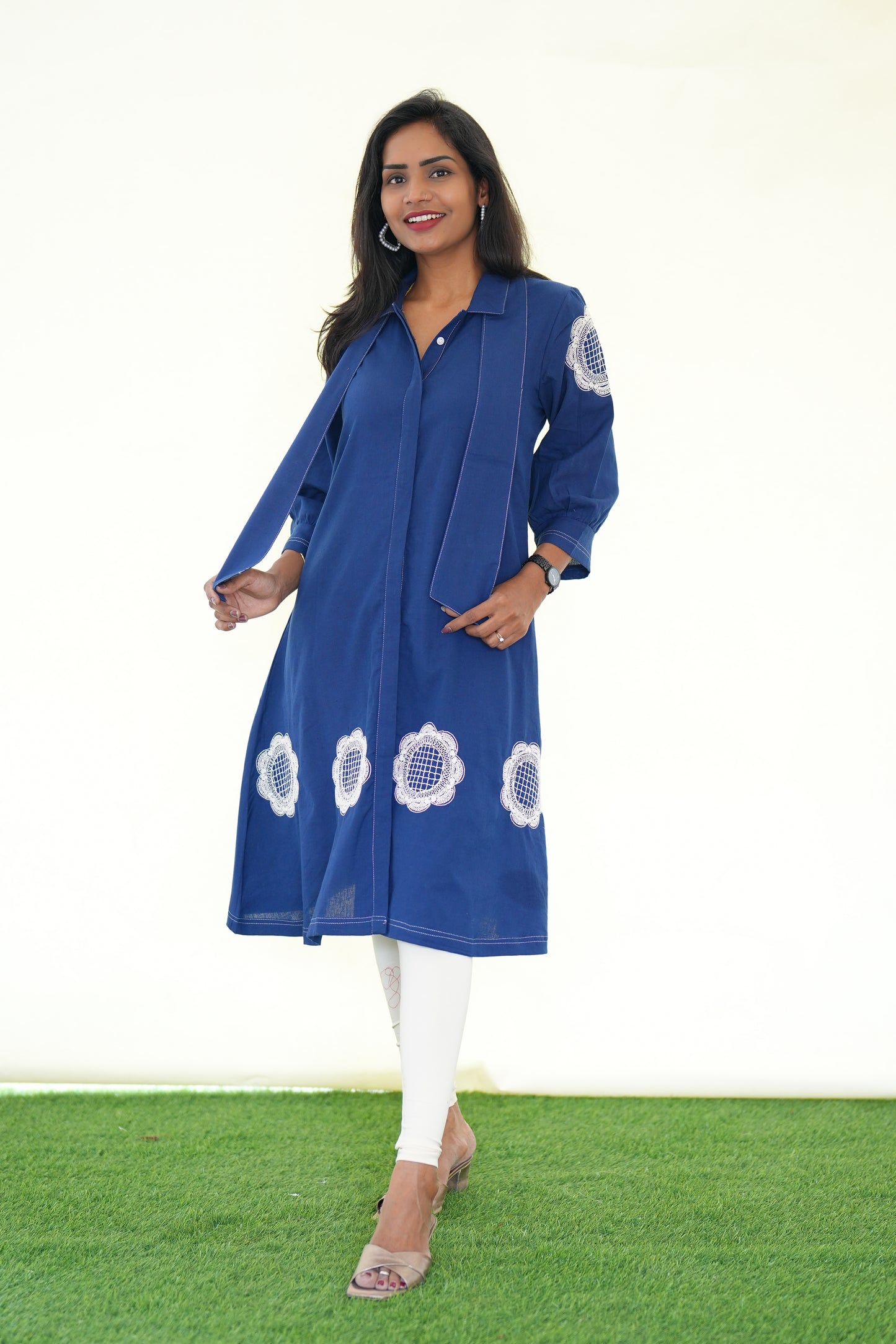 Blue  Color Jaipur Cotton Stylish Frock With Embroidery Work and Neck Band