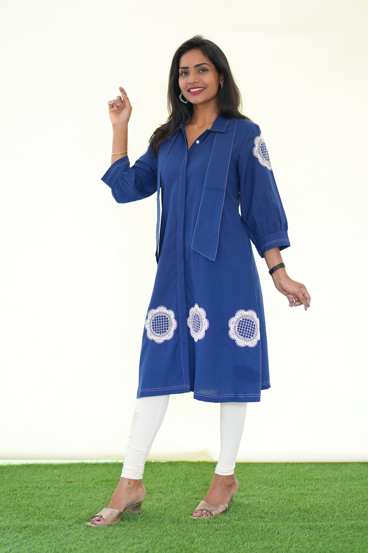 Blue  Color Jaipur Cotton Stylish Frock With Embroidery Work and Neck Band