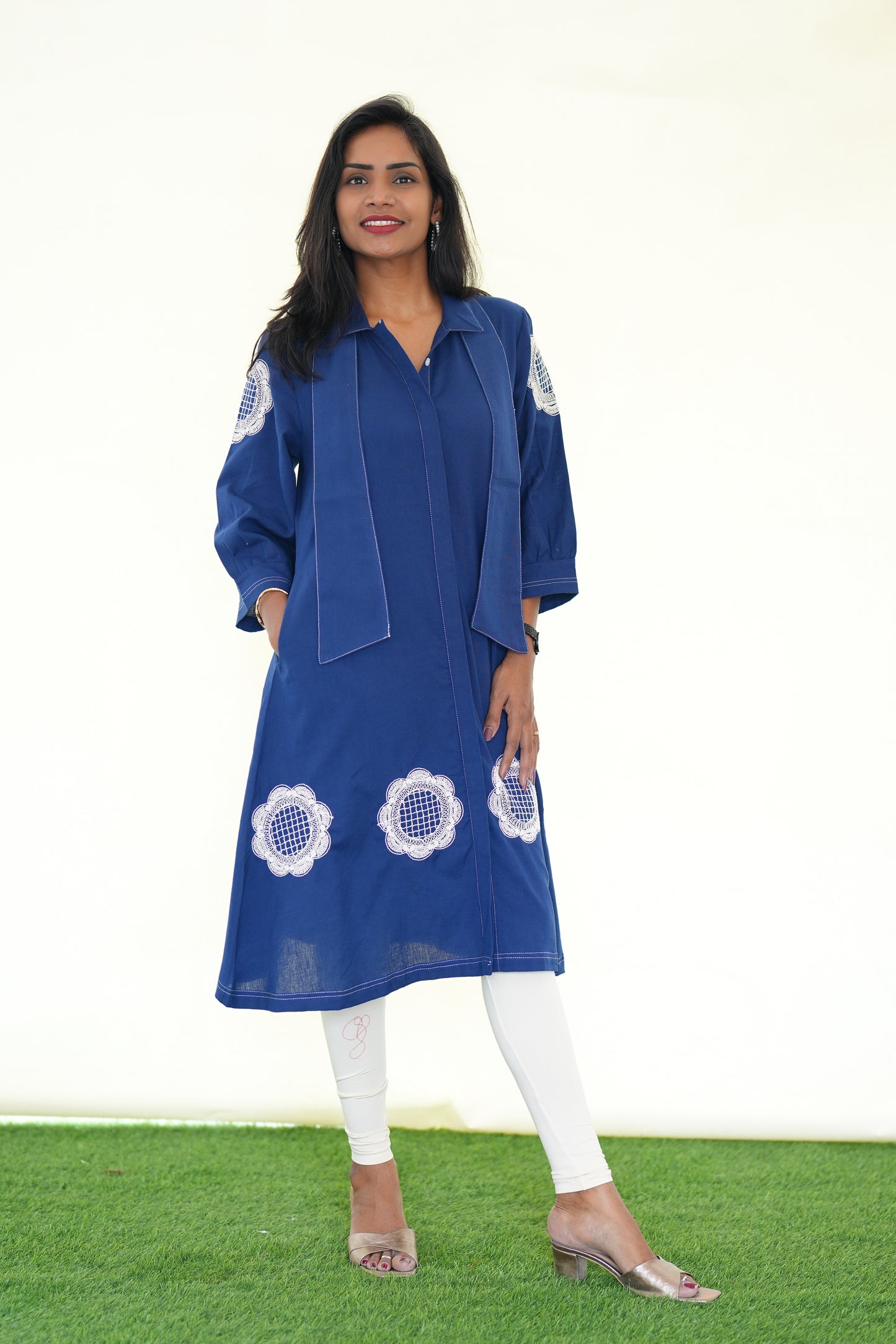 Blue  Color Jaipur Cotton Stylish Frock With Embroidery Work and Neck Band