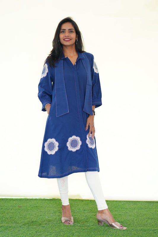 Blue  Color Jaipur Cotton Stylish Frock With Embroidery Work and Neck Band