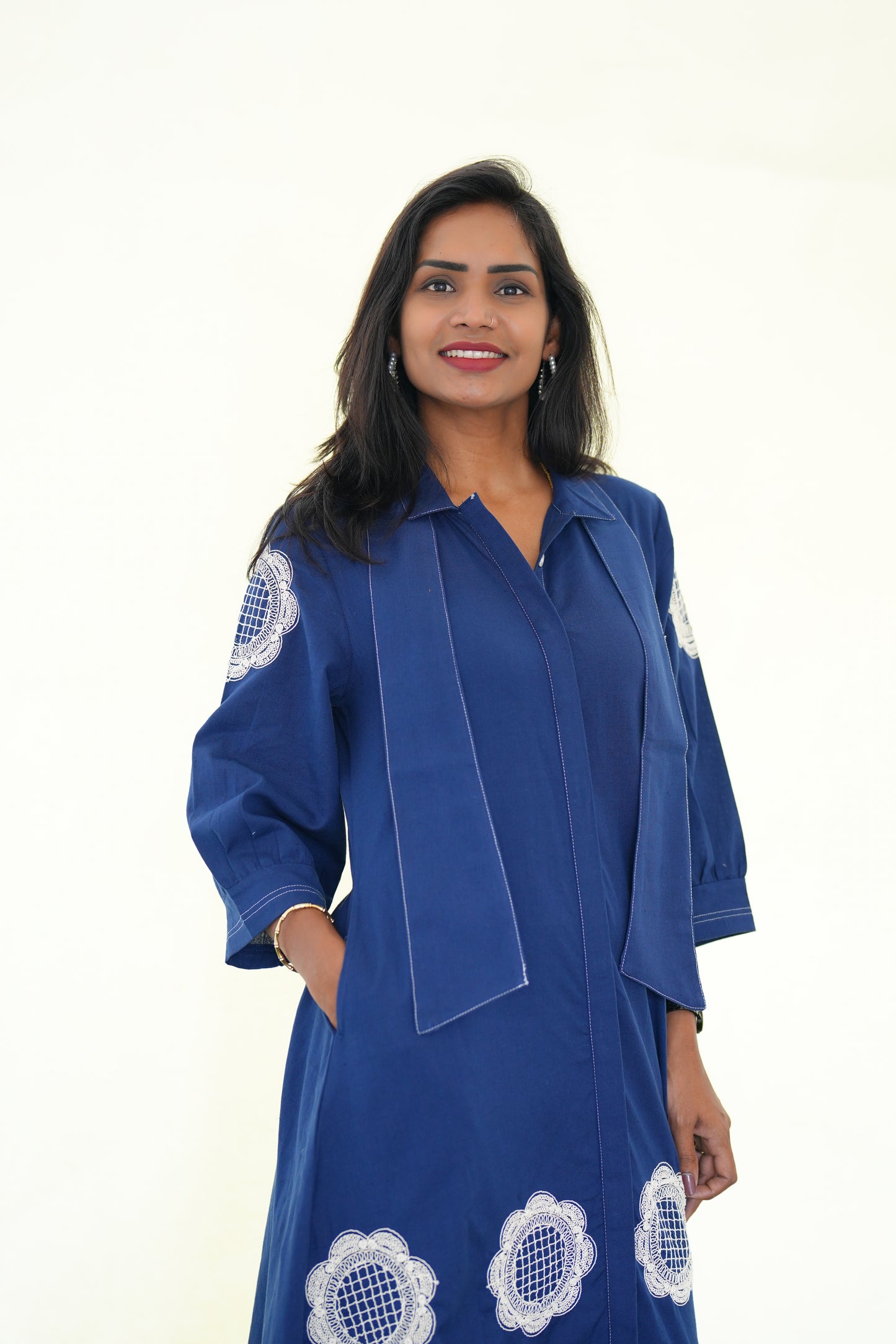 Blue  Color Jaipur Cotton Stylish Frock With Embroidery Work and Neck Band