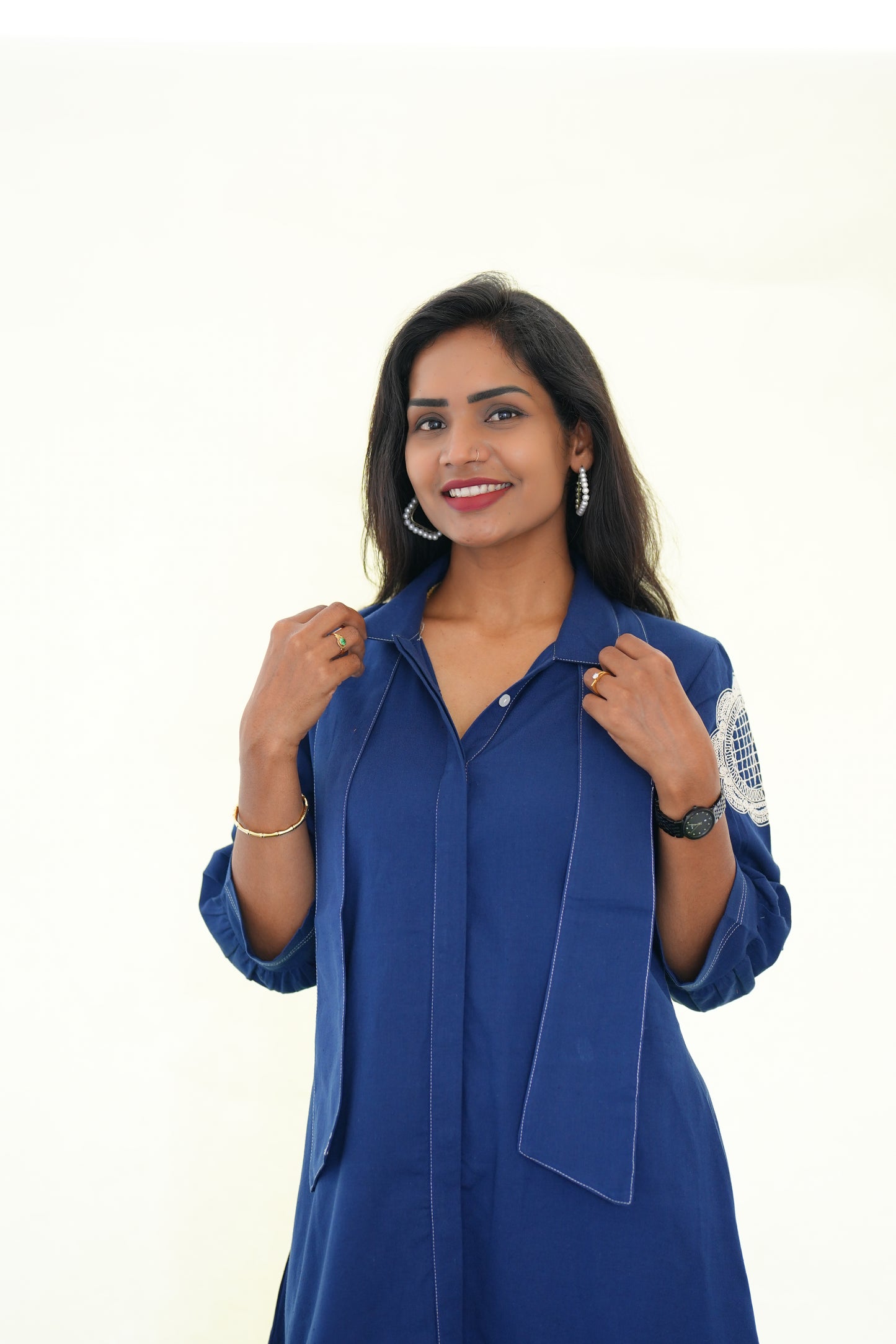 Blue  Color Jaipur Cotton Stylish Frock With Embroidery Work and Neck Band