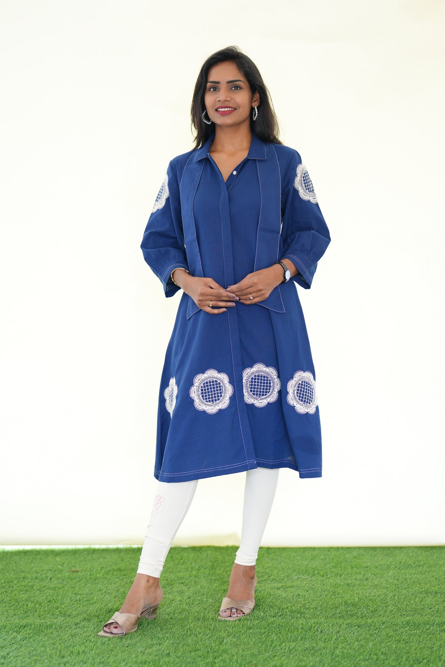 Blue  Color Jaipur Cotton Stylish Frock With Embroidery Work and Neck Band