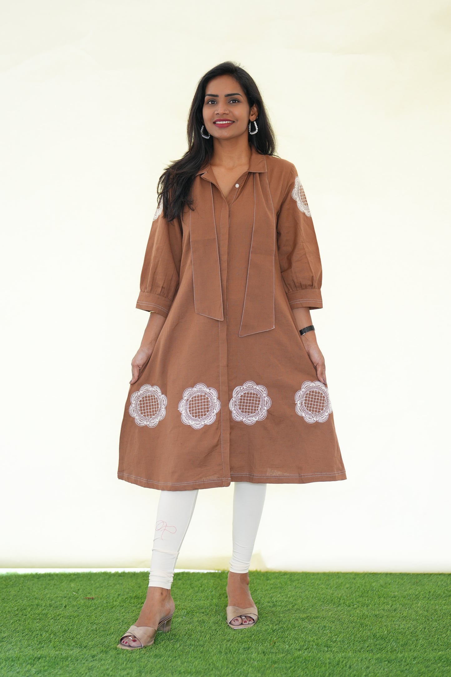 Brown Color Jaipur Cotton Stylish Frock With Embroidery Work and Neck Band