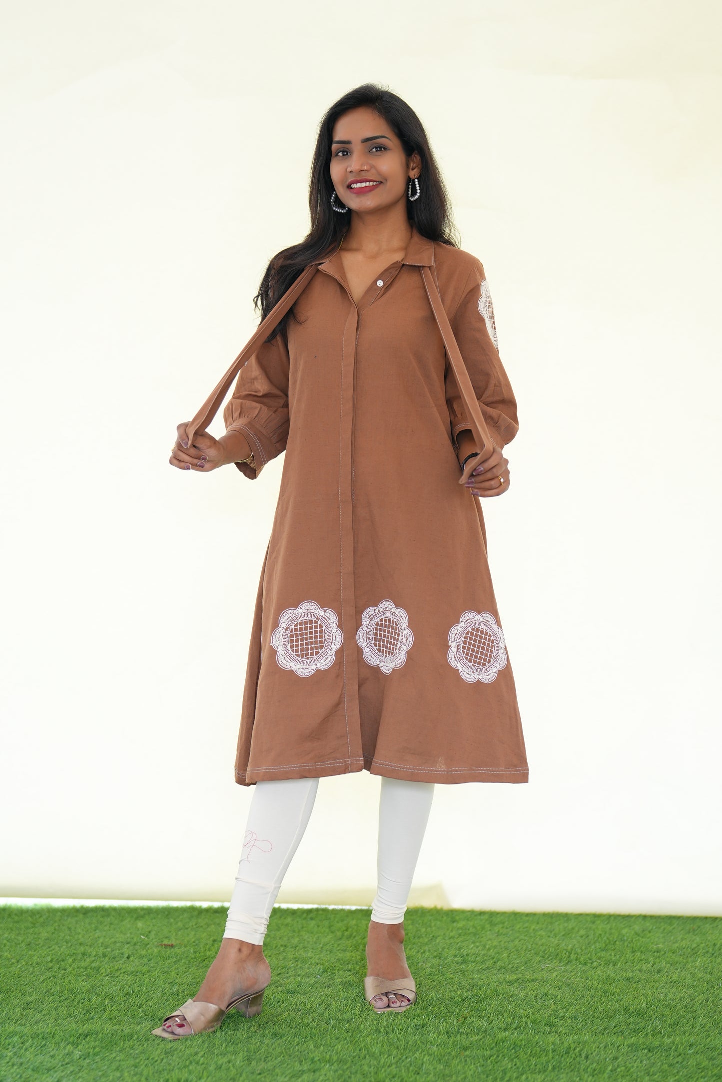 Brown Color Jaipur Cotton Stylish Frock With Embroidery Work and Neck Band