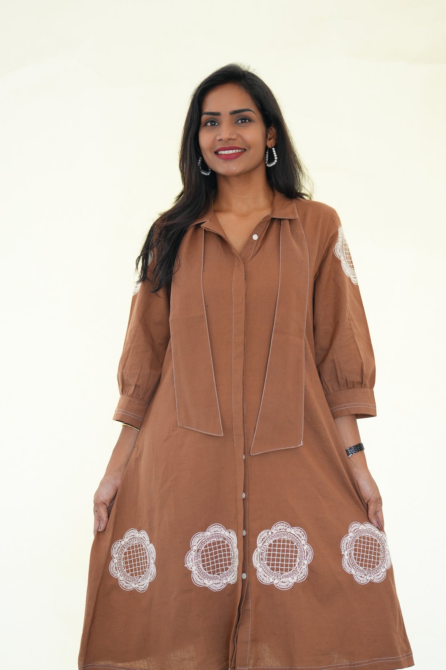 Brown Color Jaipur Cotton Stylish Frock With Embroidery Work and Neck Band