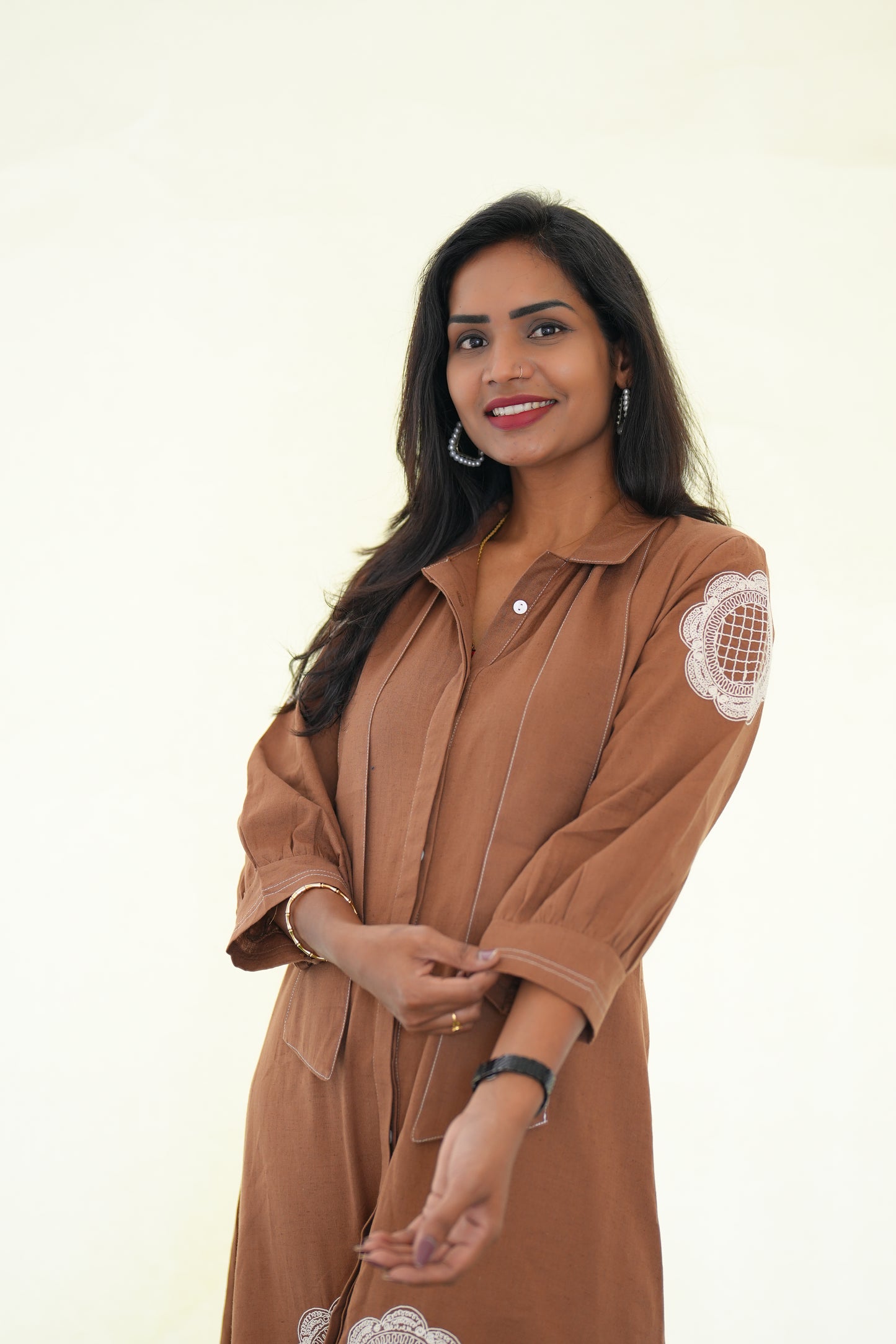 Brown Color Jaipur Cotton Stylish Frock With Embroidery Work and Neck Band