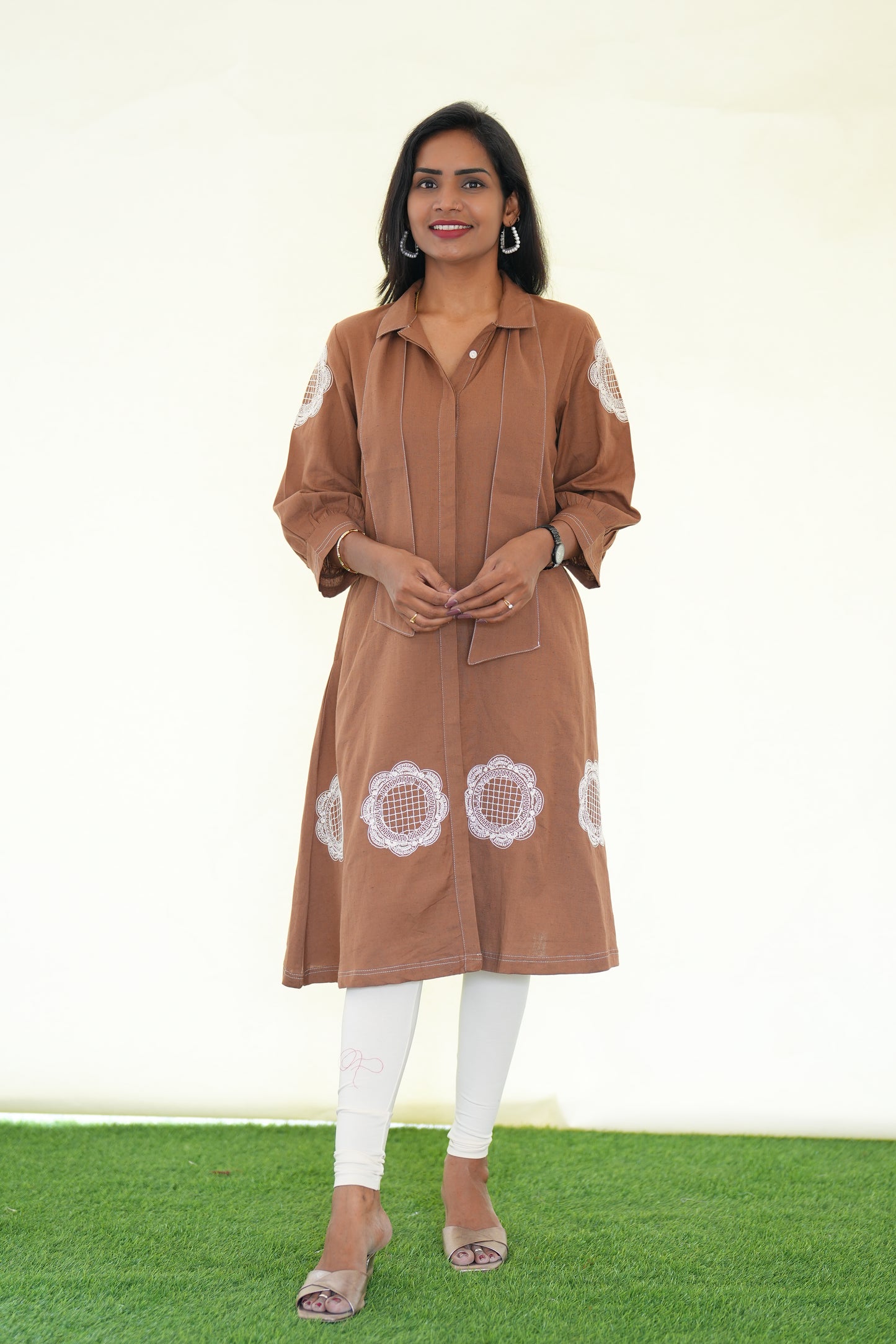 Brown Color Jaipur Cotton Stylish Frock With Embroidery Work and Neck Band
