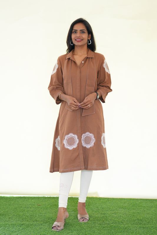 Brown Color Jaipur Cotton Stylish Frock With Embroidery Work and Neck Band