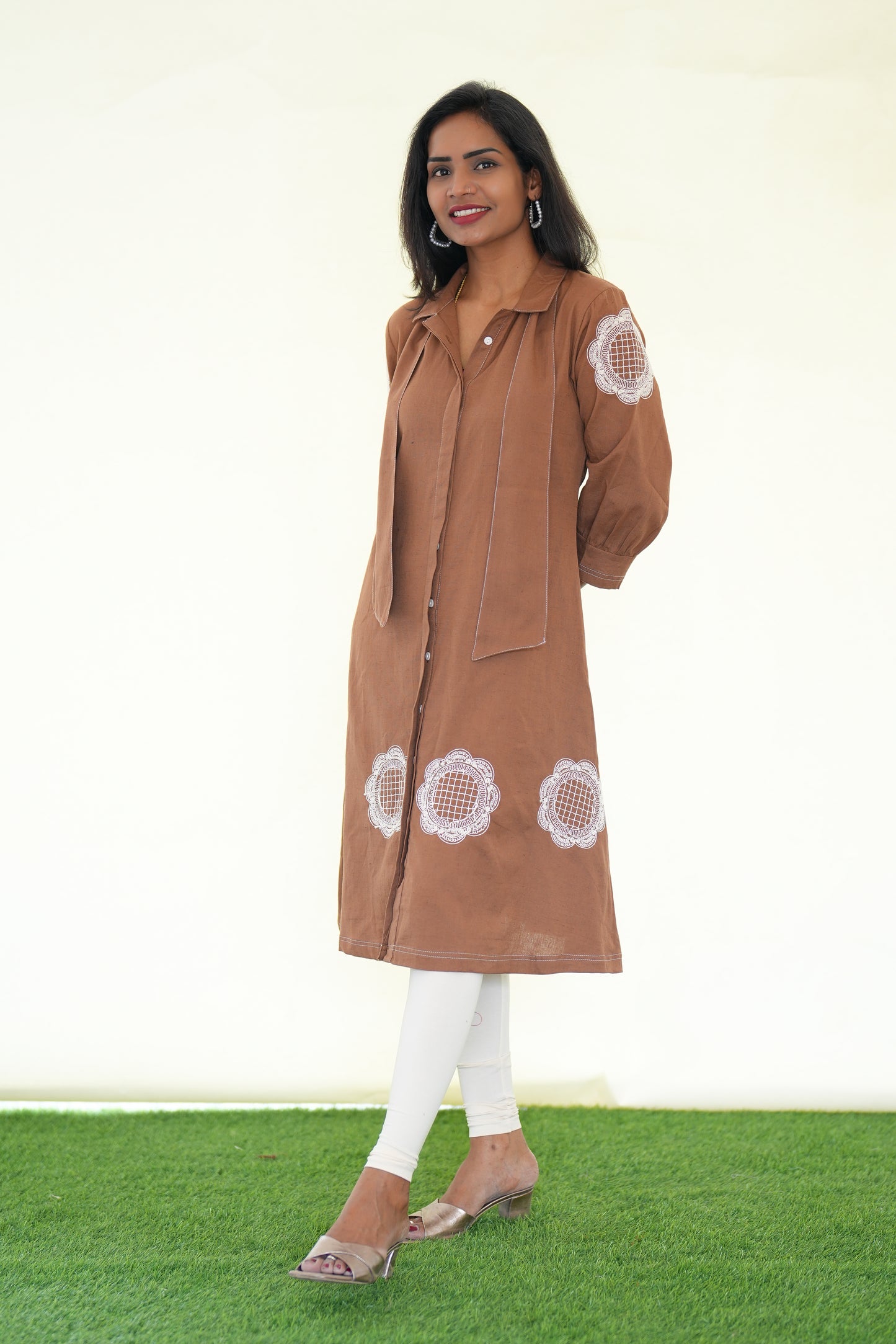 Brown Color Jaipur Cotton Stylish Frock With Embroidery Work and Neck Band