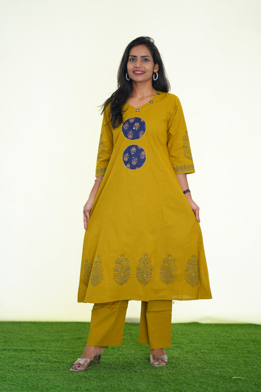 Yellow Color Jaipur Cotton Cord Set With Ajrak Patch Work and Plazo pant