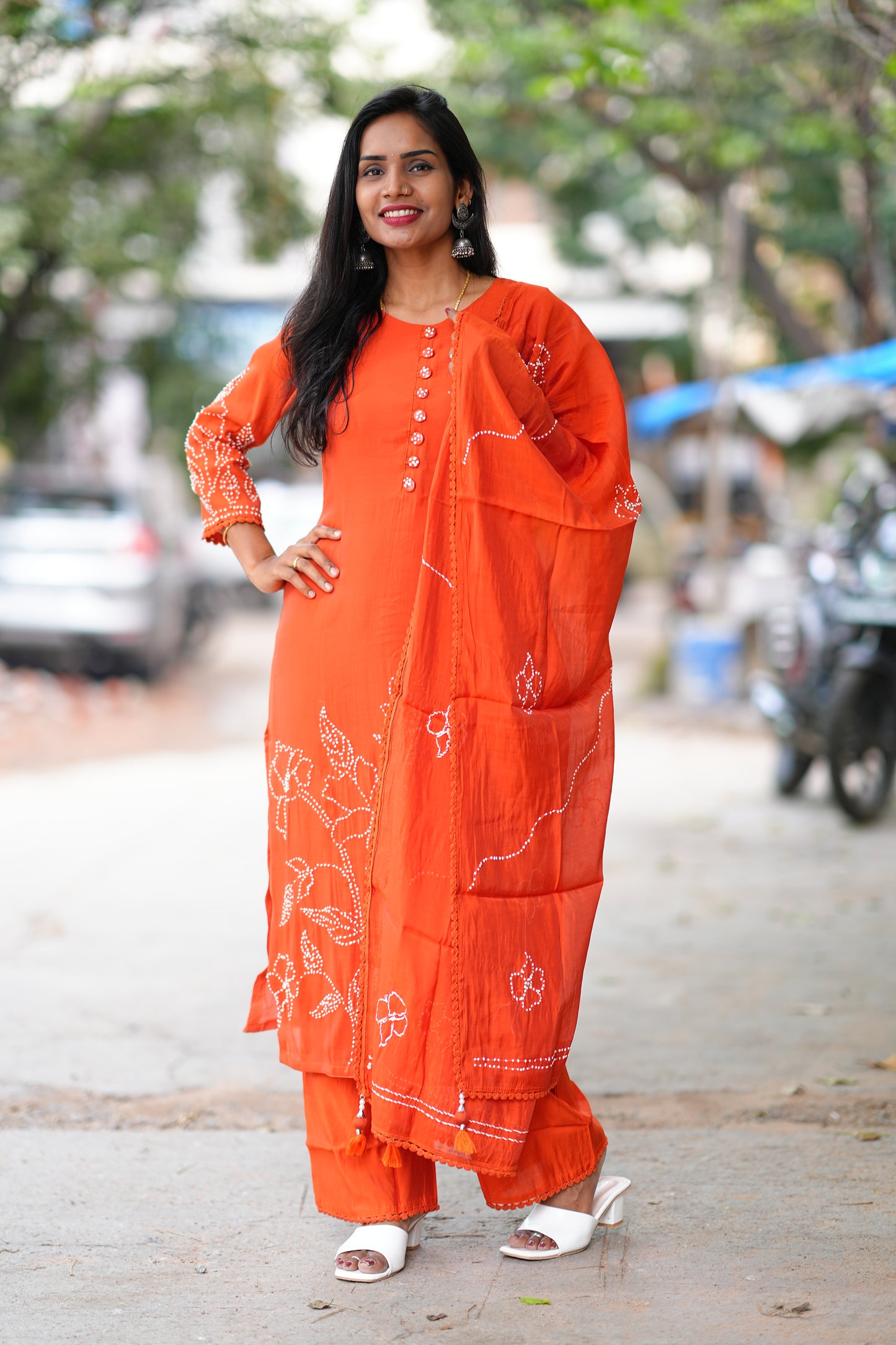 Rust Orange Designer Wear 3 Piece Set in Viscose