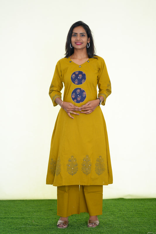 Yellow Color Jaipur Cotton Cord Set With Ajrak Patch Work and Plazo pant